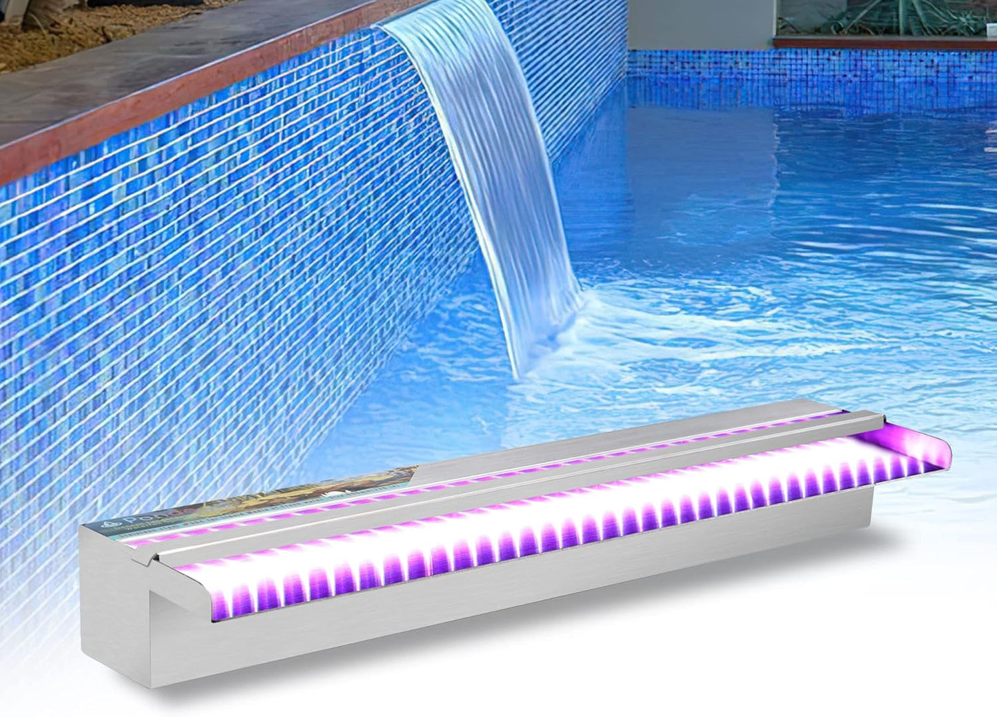 YUDA 24'' Stainless Steel Waterfall Pool Fountain with SMD LED 7 Color Changing and Remote, Lighted Waterfall Spillway for Sheer Descent Garden Outdoor