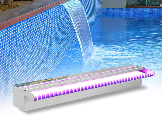 YUDA 24'' Stainless Steel Waterfall Pool Fountain with SMD LED 7 Color Changing and Remote, Lighted Waterfall Spillway for Sheer Descent Garden Outdoor