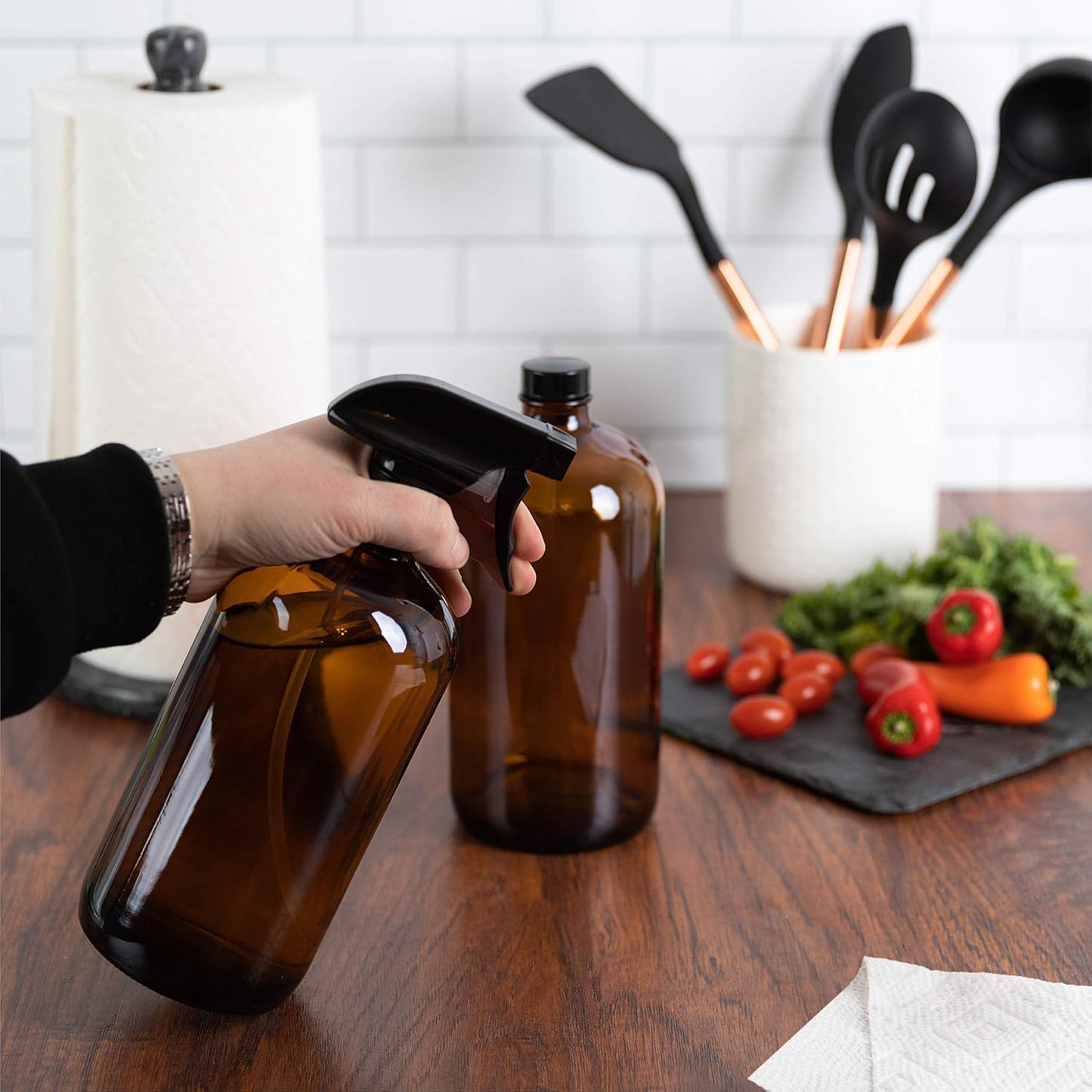 Large 32oz Amber Glass Spray Bottles with Funnel - Refillable Trigger Sprayer Containers for Oils, Cleaning Products, Plant Misting, Cooking, Hair, and Beauty. Includes 4 Bottles and 1 Funnel.