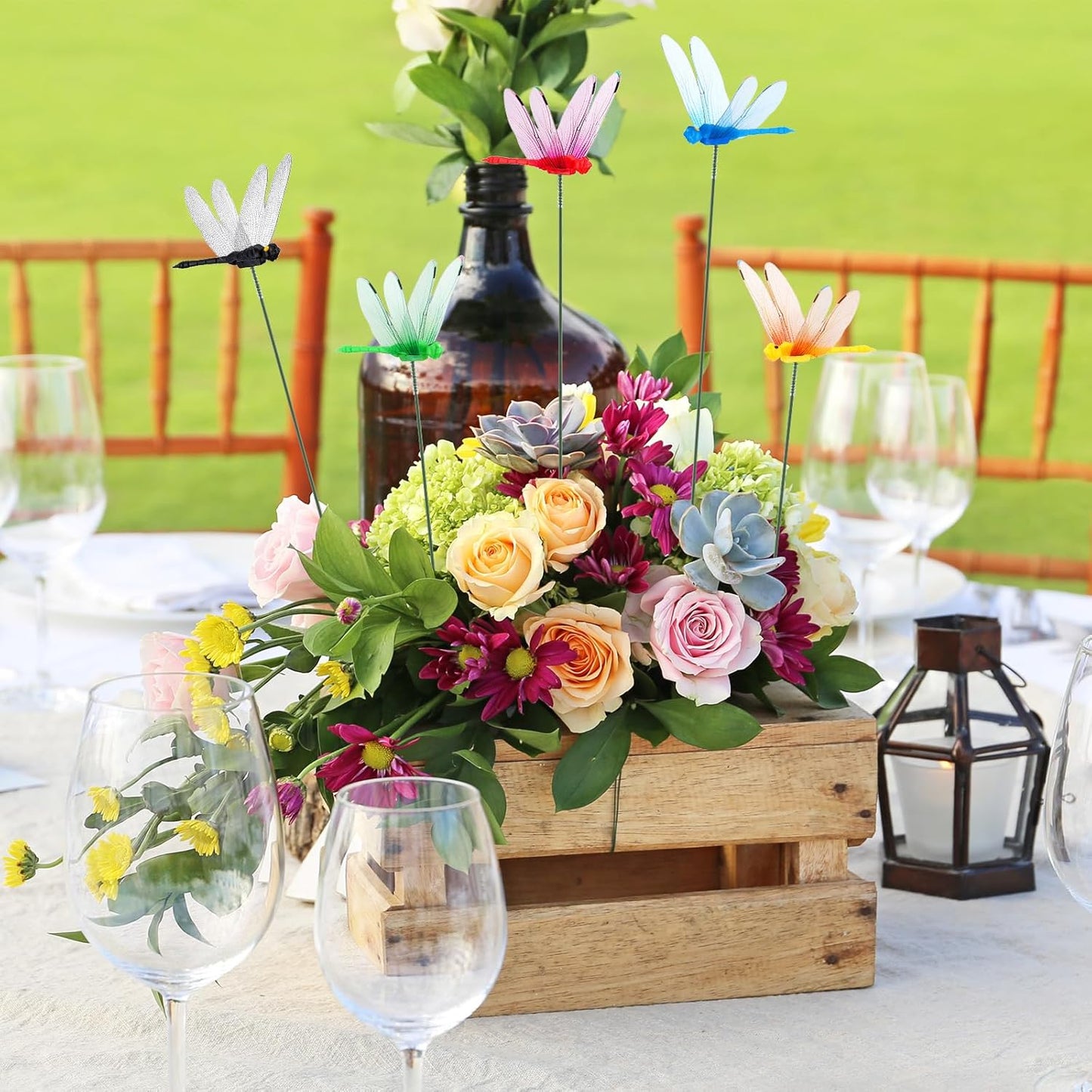 Leinuosen 100 Pcs 3.35" 3D Dragonfly Garden Stakes, Long Dragonfly Stakes Garden Decor Indoor Outdoor Yard Ornaments Flower Pot Patio Decoration(Red, Yellow, Blue, Green, Black)