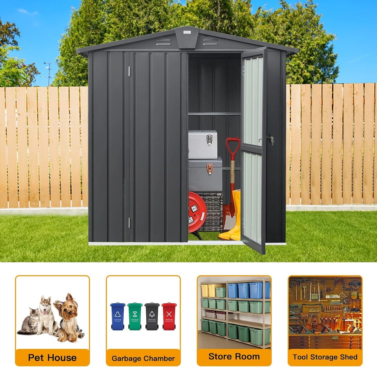 Domi Outdoor Storage Shed 5.7' x 3’, Metal Garden Shed with Galvanized Steel Frame for Bike, Tools, Lawn Mowers, Pool Toys, Outdoor Storage Cabinet with Lockable Door for Garden Lawn Patio (Dark Grey)
