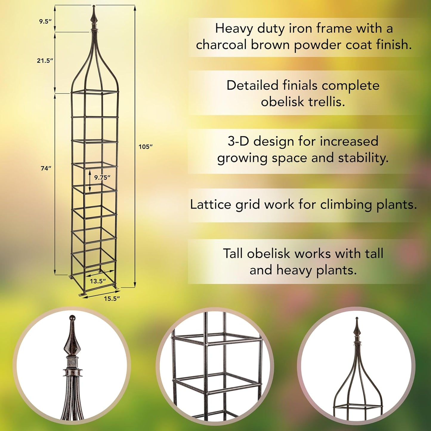 H Potter Trellis Obelisk Tall Metal Garden Decor Vertical Yard Art for Roses Climbing Plants Weather Resistant Wrought Iron Ornamental (Charcoal Brown, Large)