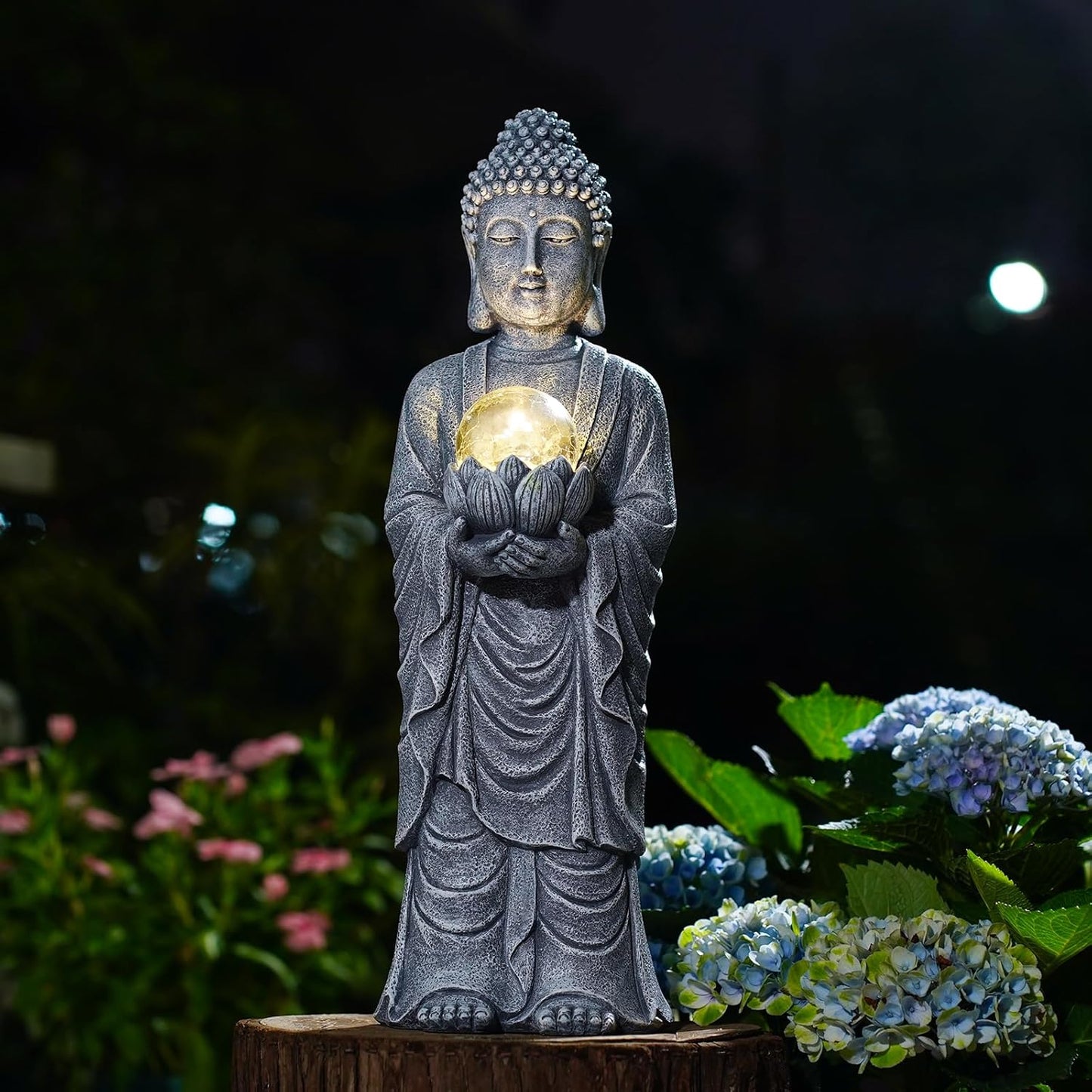 Goodeco Buddha Statue with Solar Lotus – 18.2 Inch Tall Large Garden Buddha Statue for Outside, Outdoor Zen Garden Statues