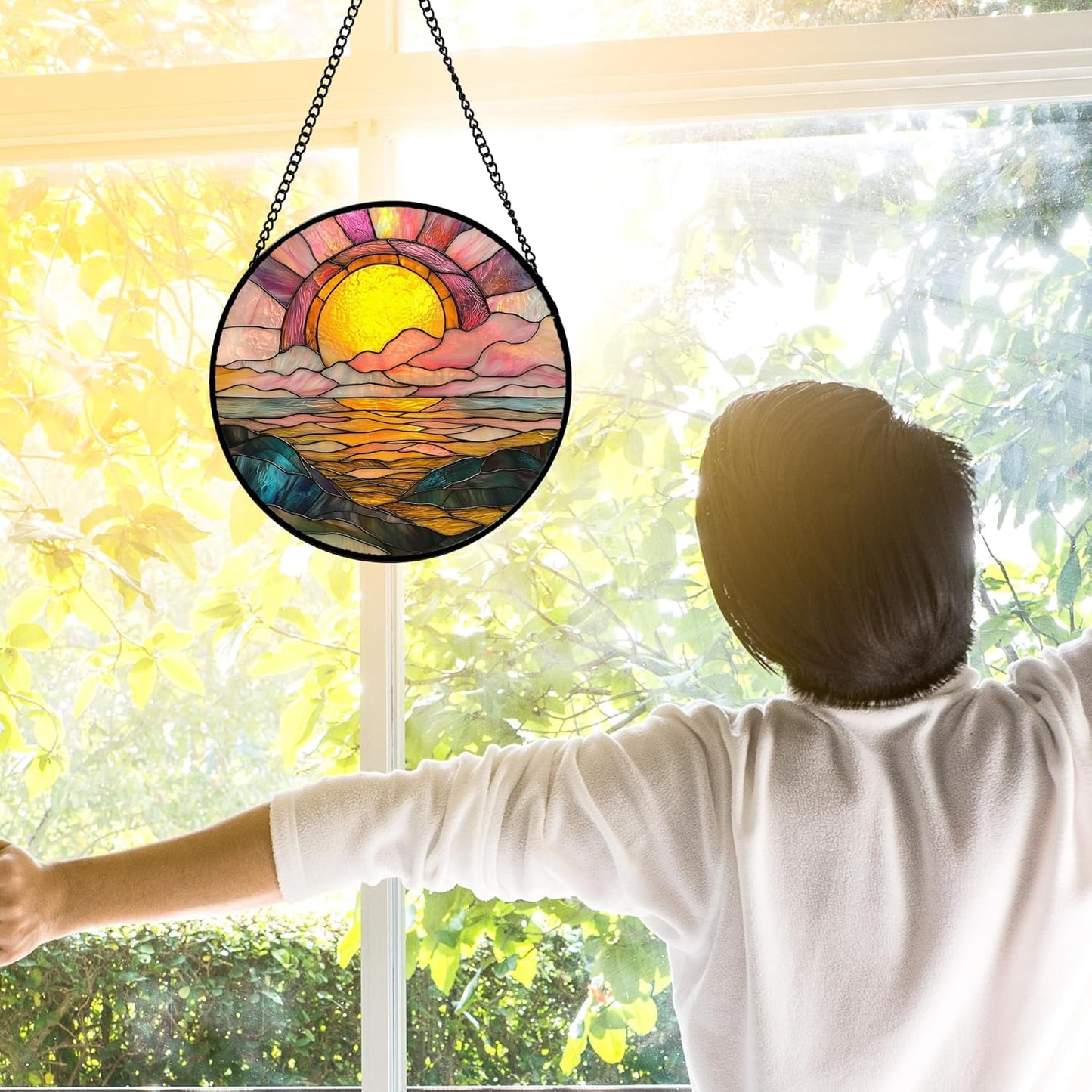 Stained Glass Window Hanging, Sunrise Over The Sea Suncatcher Diamond Glass Panel Hangings Abstract Sun Catchers Decor for Birthday for Women, Men, Wife, Aunt, and Mom 6.3 in