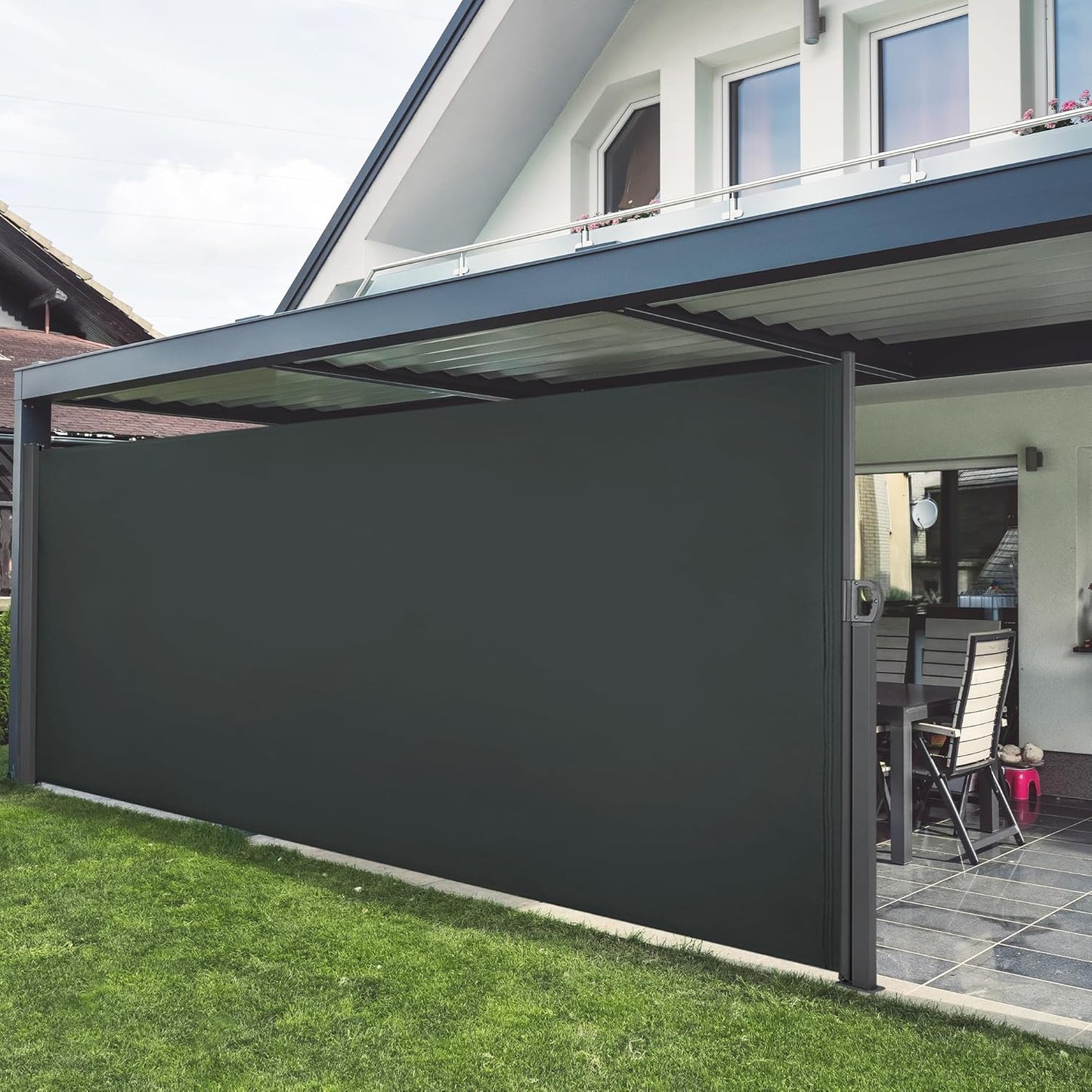 Macrout Retractable Side Awning for Patio & Balcony – Waterproof UV-Resistant Outdoor Privacy Screen, Folding Wind Block for Deck, Porch, Garden (Dark Grey, 118" x 71")