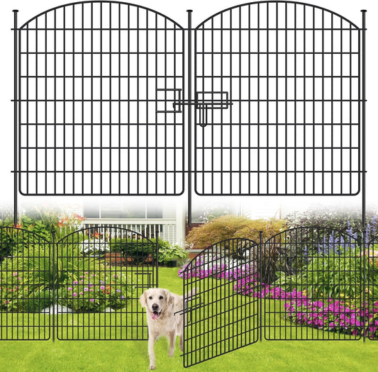 10 Panels No Dig Garden Fence with Gate, 32in x 24.2ft Decorative Dog Fence Outdoor for Yard, Tall Animal Barrier Fencing Rustproof Metal Garden Edging Border, Temporary Fencing for Outdoor, Patio