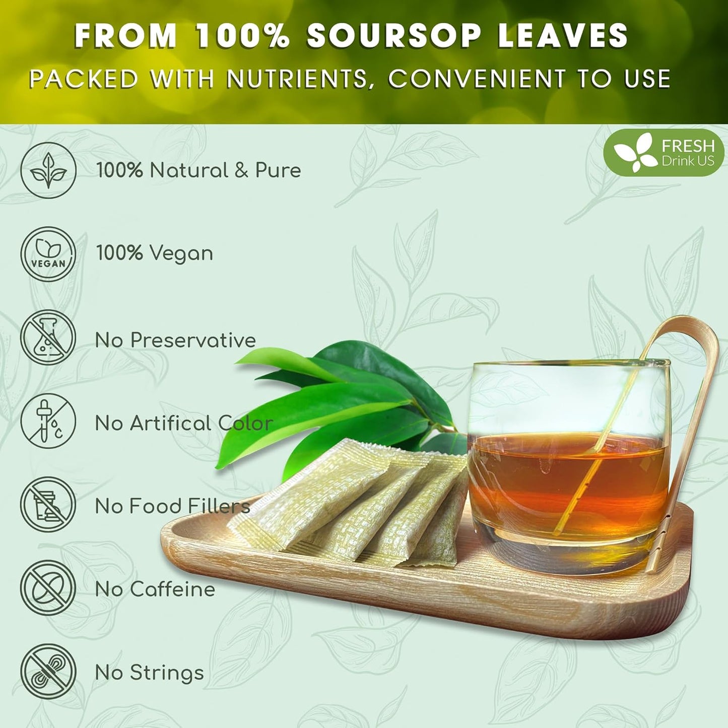 FreshDrinkUS, 150 Premium Soursop Graviola Leaf Tea Bags, 100% Natural and Pure, Hand-made, Made With Natural Materials-Corn Fiber Tea Bag, Sugar/Caffeine/Gluten Free, Hoja Guanabana Tea