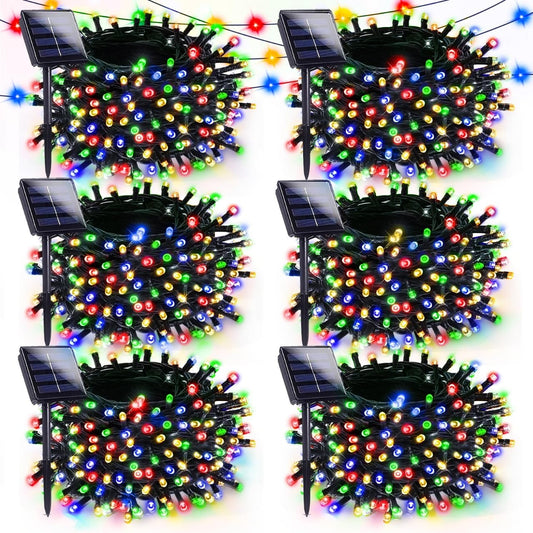 6 Pack Solar Christmas Lights Outdoor, 600 LED 198 FT Solar Powered String Lights Waterproof with Green Wire 8 Lighting Modes, Twinkle Light for Xmas Tree Party Yard Garden Decor, Multicolored