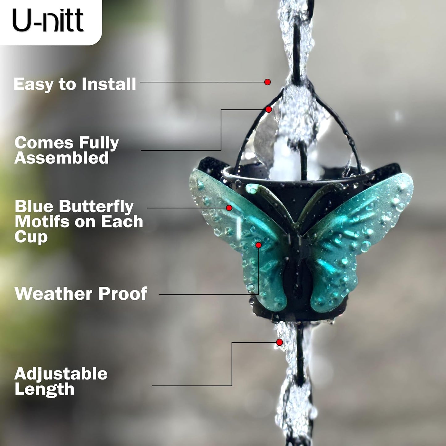 Rain Chain Water Collection for Gutters, Rainwater Catcher & Diverter, 8.5 FT Chains for Outside Garden, Butterfly Bucket Cups, Roof Downspout, Works with Heavy Rain, w/ Gutter Clip for Rainchains