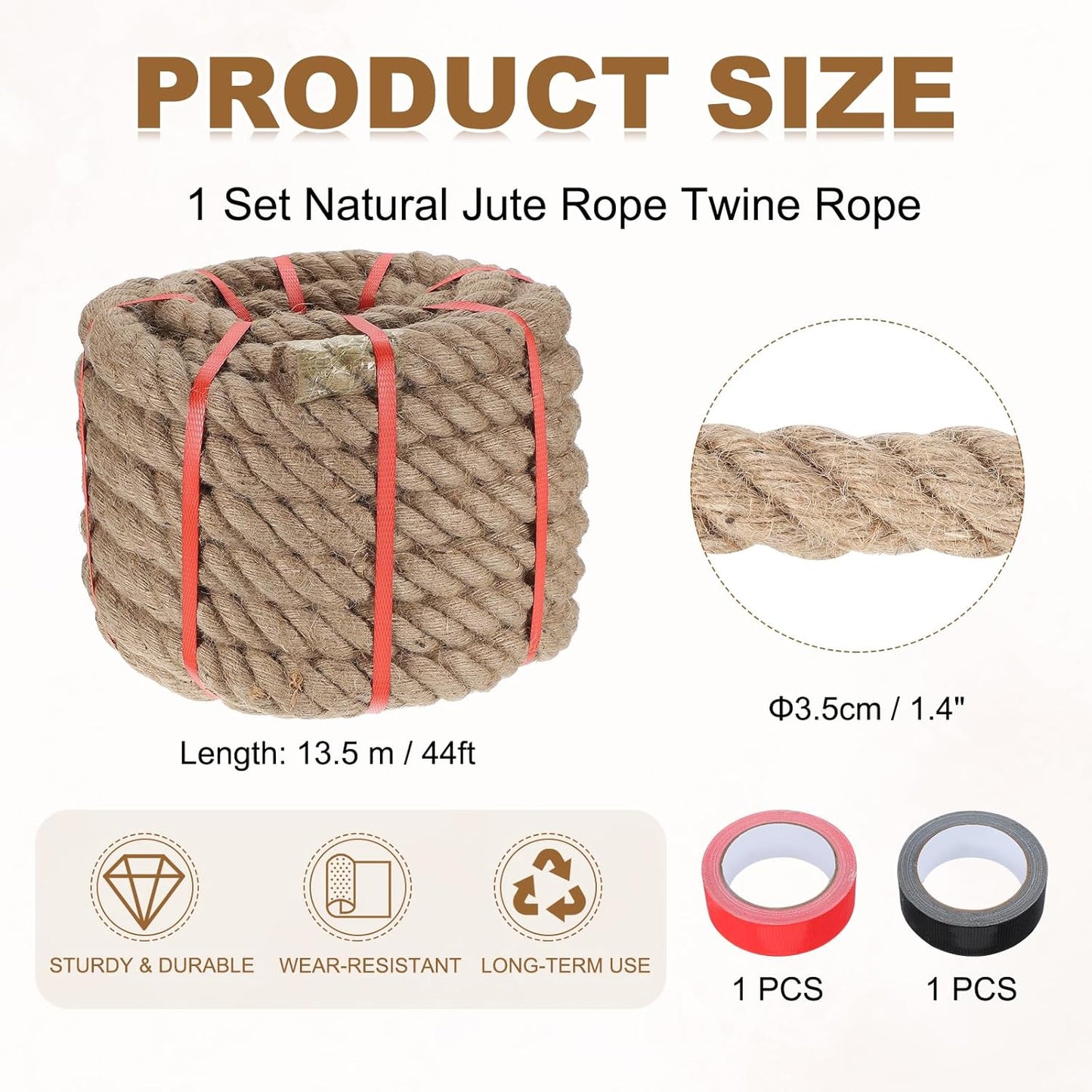 MECCANIXITY Jute Rope 1.4 Inch x 44ft, Thick Twine Rope Ropes Braided Jute Twine Natural Brown Burlap Cord String Heavy Twisted with Tapes for Decorative Crafts Railing Swing Tug of War