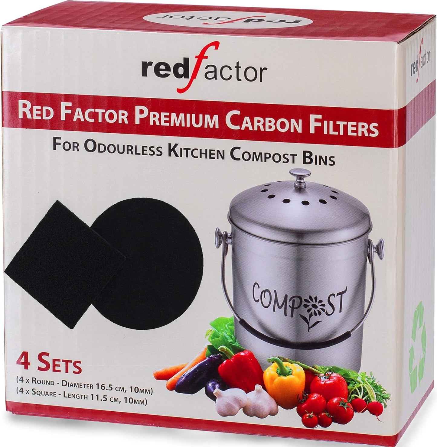 RED FACTOR 8 Pack Extra Thick Charcoal Filters for Kitchen Compost Bins - Activated Carbon Replacement Filters for Odor Free Buckets (4 Round, 4 Square)
