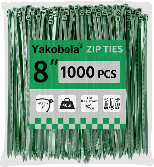 Green Zip Ties 8", 1000 Pack, Cable Ties UV Resistant, Wire Ties 40 lbs Tensile Strength for Garden, Plants, Fence, Holiday Lights, Yakobela