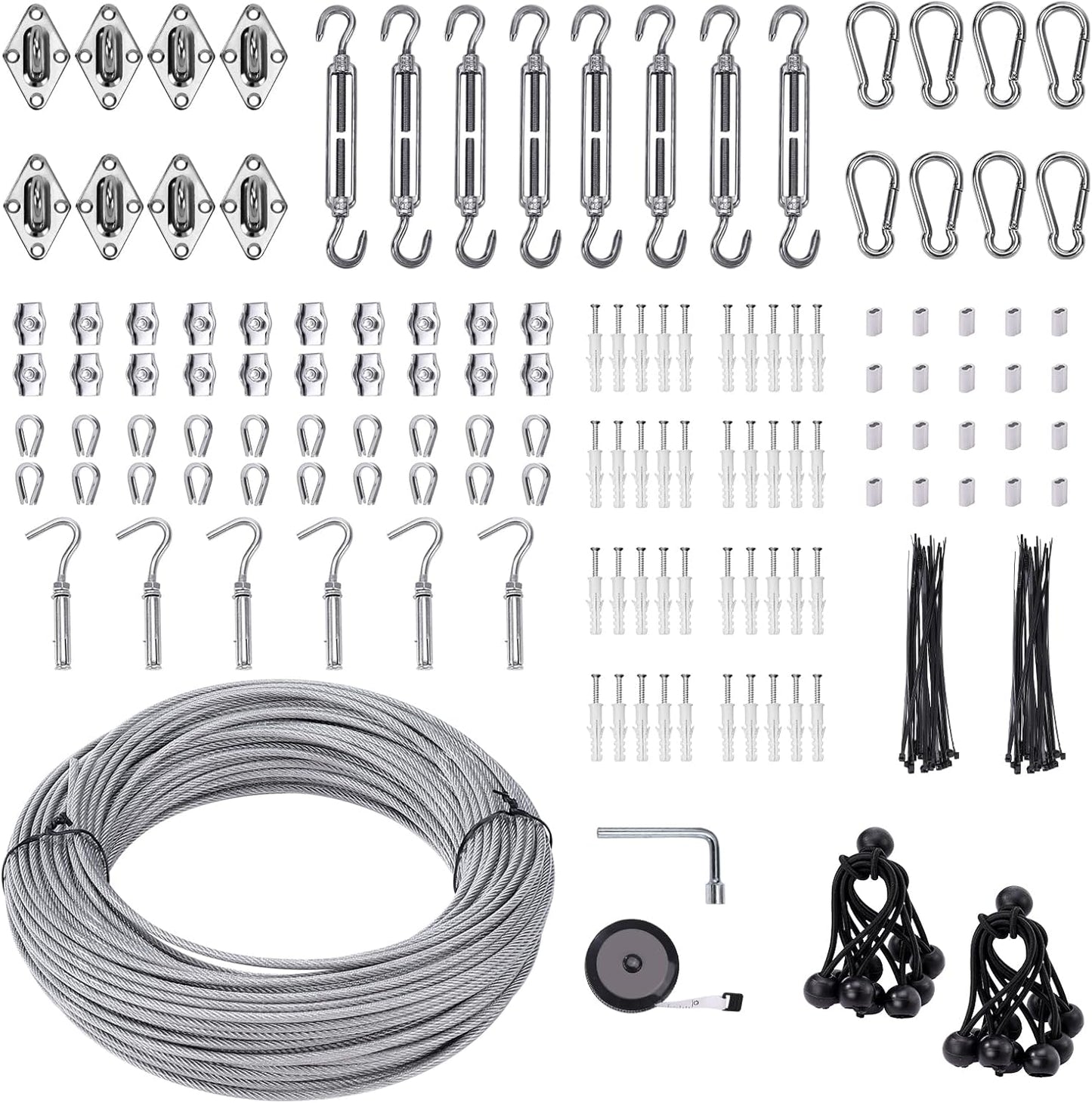 Shade Sail Hardware Kit 6 inch with 131FT 1/8" Wire Rope Kit for Triangle Rectangle Sun Shade Sail Outdoor Installation turnbuckles for Cables Wire for Outdoor,Garden,Kitchen,Craft,243PCS