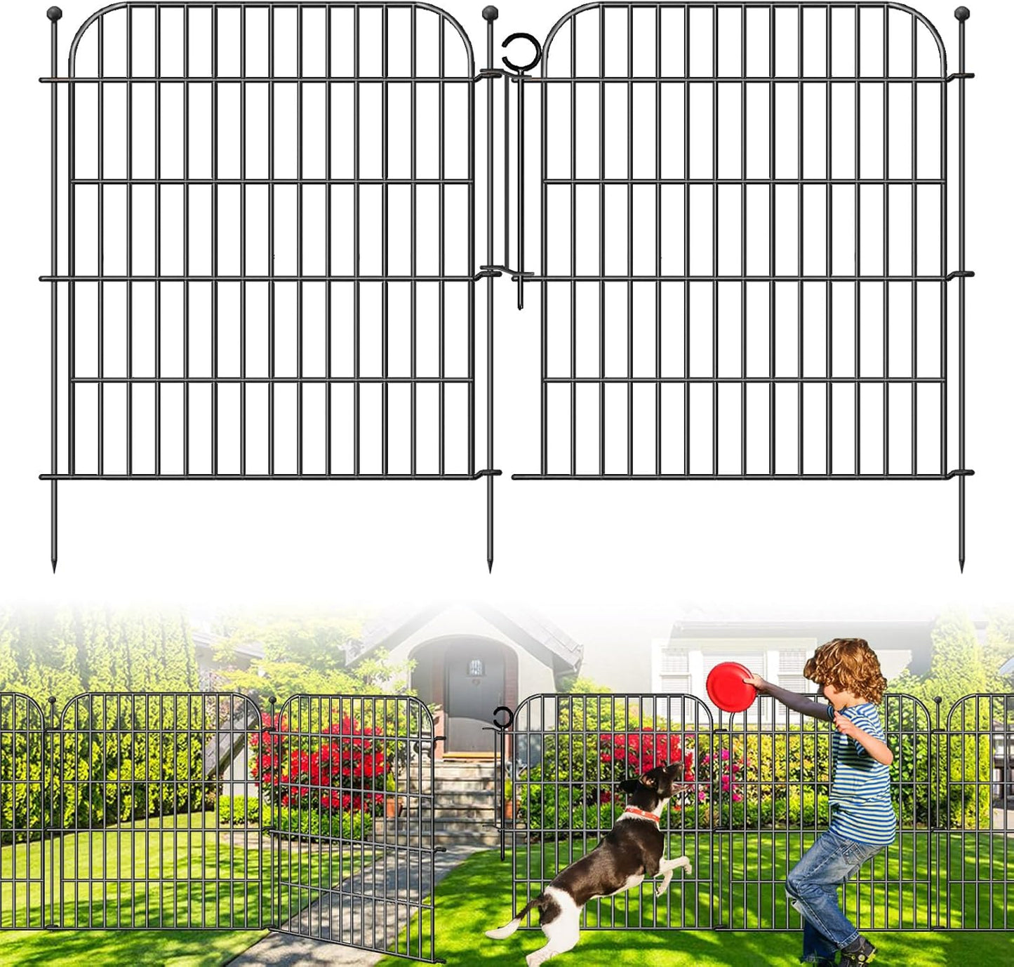 10 Panels Decorative Garden Fence with Gate for Outside, 32 in(H) X 23.6 ft(L) Rustproof Metal Wire Panel Border Fencing with Temporary Ground Stakes, No Dig Animal Barrier for Dog and Patio
