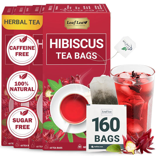 LeafLea Hibiscus Tea Bags – 160 Count, Individually Wrapped, 100% Natural Hibiscus Flower Herbal Tea, Caffeine-Free, Sugar-Free, Gluten-Free, Non-GMO, Te de Hibisco, Jamaica Tea, (Pack of 4)