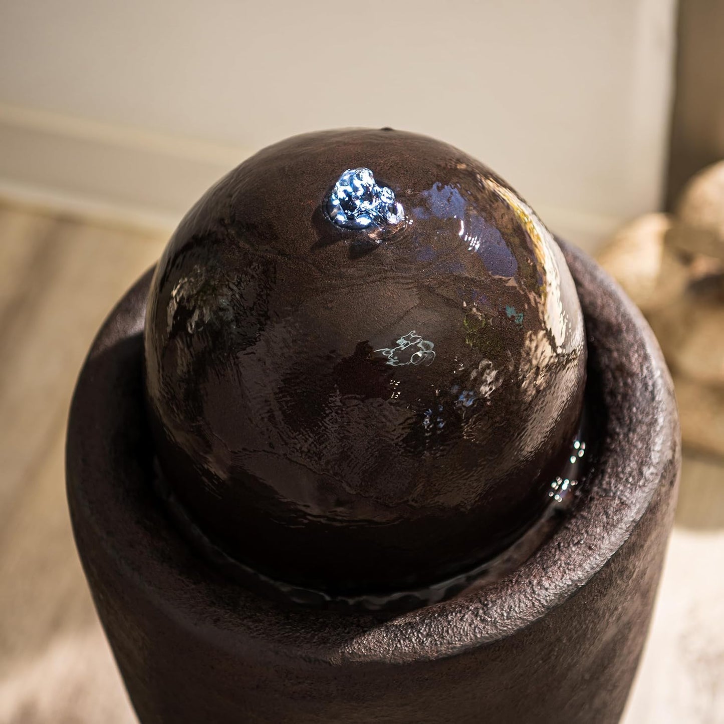 XBrand 25.98" H Round Stone Indoor/Outdoor Modern Stone Textured Sphere Water Fountain with LED Lights, Ball Fountain Decor for Garden, Patio, Outdoor, Brown