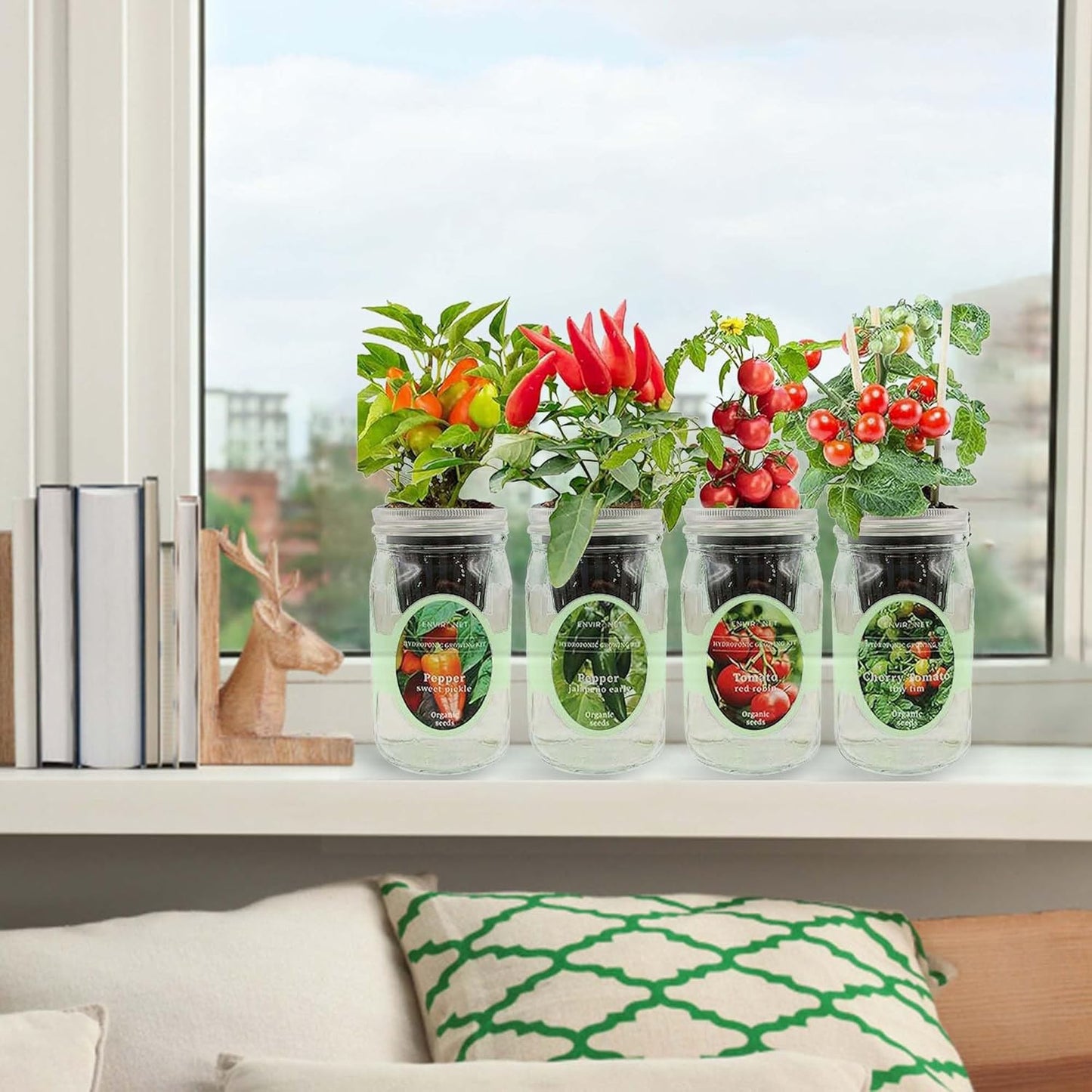 Hydroponic Herb Growing Kit Set, Self-Watering Mason Jar Herb Garden Starter Kit Indoor, Grow 4 Kinds of Herbs from Seeds (2 Tomato & 2 Pepper)