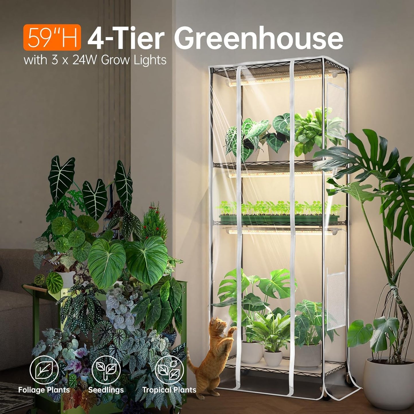 Indoor Greenhouse with Grow Light, Metal Plant Stand, 3 Pack T8 2FT Full Spectrum Plant Lights, Timer, Black, 23.5"x13.8"x59"