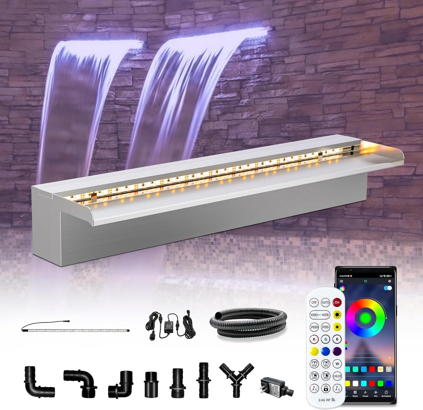 LONGRUN Waterfall Pool Fountain, Updated 5.9'' Wider Open Lip Stainless Steel Waterfall Spillway, Decorative Water Feature for Swimming Pools, Koi Ponds, Spa & Garden - 23.6''