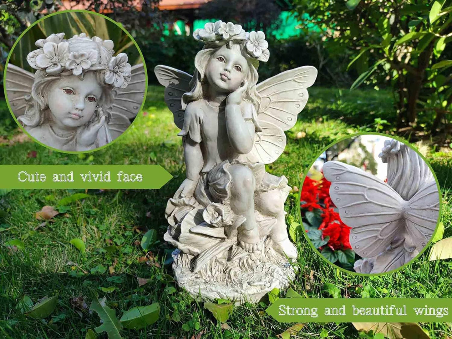 MeritMode 12.8" Fairy Garden Outdoor Guardian Angel Statue - Waterproof Resin with Flower Base, Unique for Patio, Balcony & Yard Decor