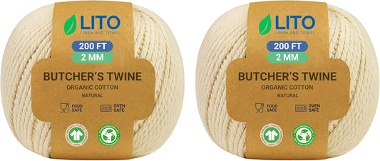Organic Butcher’s Twine for Cooking & Trussing – 2mm Heavy-Duty Natural Cotton Kitchen Twine 400 Feet – Food-Safe, Oven-Safe String for Meat, Turkey, Baking, & Crafts