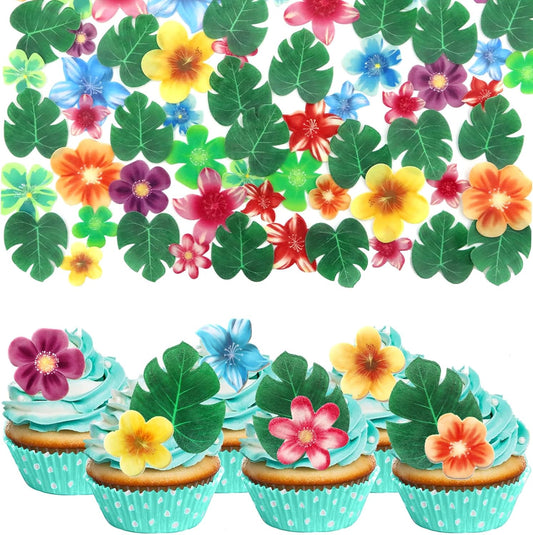 60 Pcs Edible Flowers Cake Decorations Tropical cake topper Hawaiian Birthday Party Decoration for Tropical Luau Summer Party Wedding