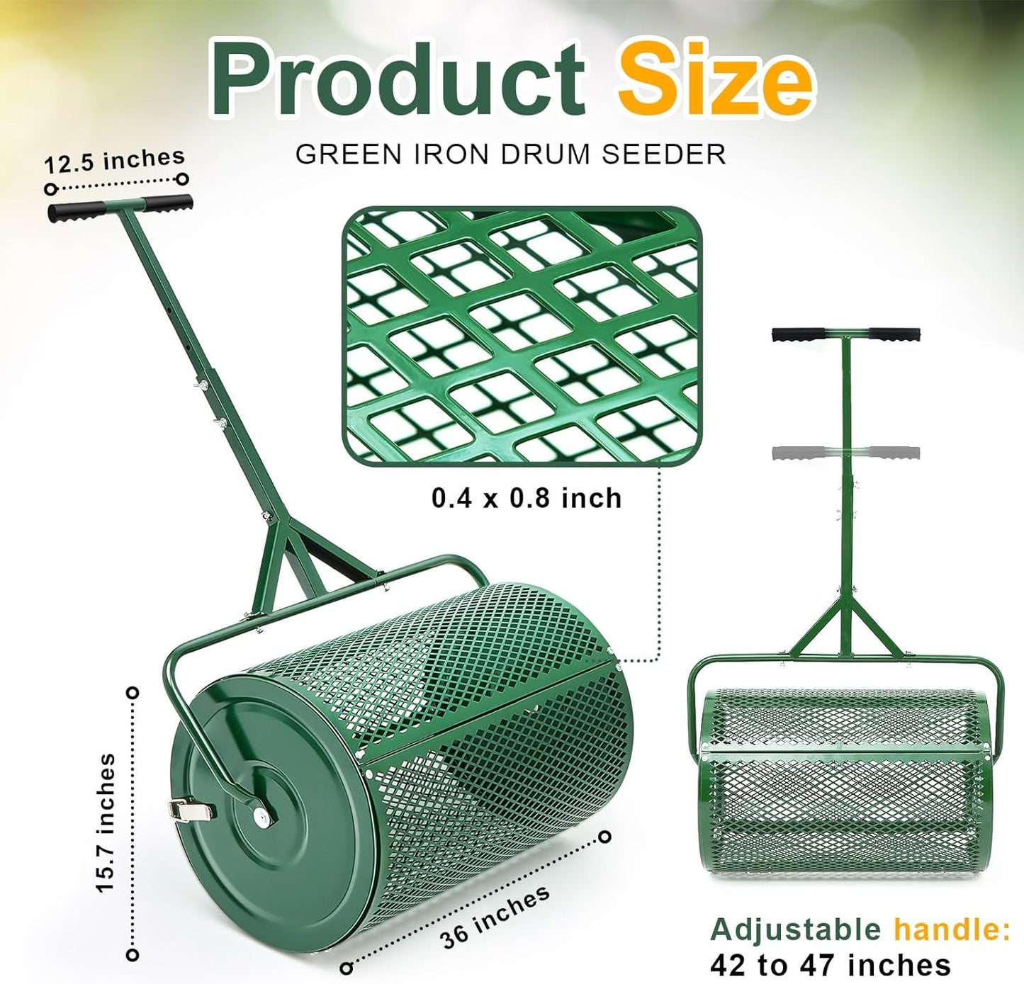 Hiboom 36 Inch Compost Spreader, Peat Moss Spreader, Manure Roller with Adjustable T Shaped Handle, Lightweight Metal Mesh for Lawn Garden Spreading Manure Topsoil (Green)