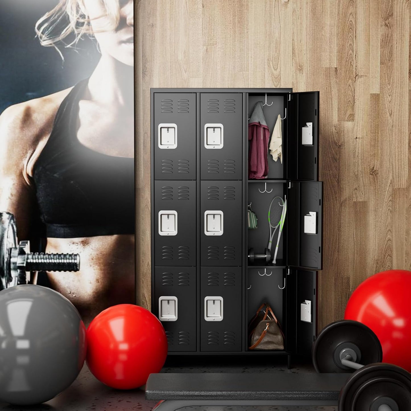 9 Doors Metal Lockers for Employees with Lock, Metal Locker with 18 Hooks for School Garage Office Gym Home,Assembly Required,Black