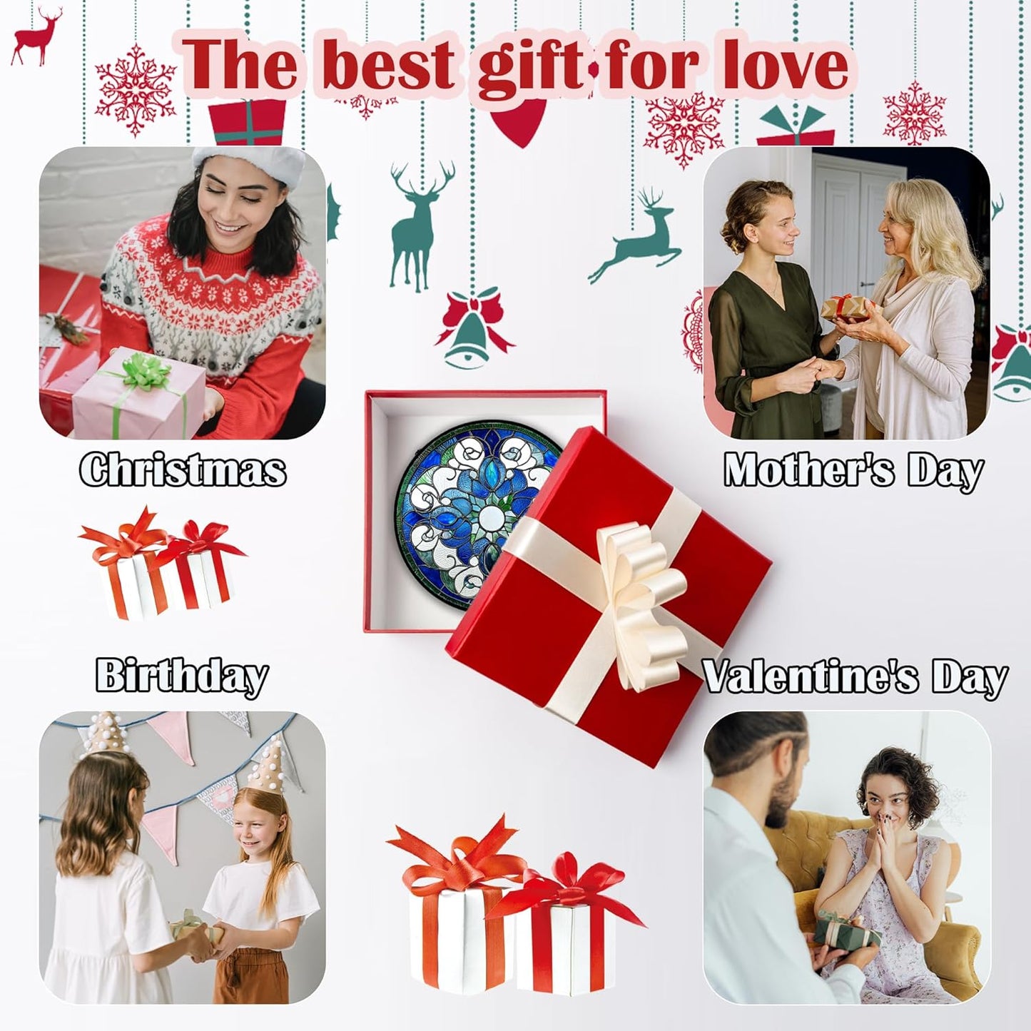 Stained Glass Window Hanging, Boho Style Sun Catchers Diamond Glass Panel Hangings Tiffany Suncatcher Decor for Birthday for Women, Men, Wife, Aunt, and Mom 11.8x11.8 in