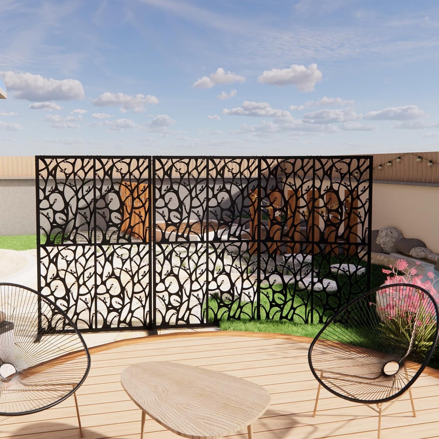 Metal Privacy Screens 72" H Outdoor Privacy Screens Panels Outdoor and Indoor Bird Pattern Divider with Freestanding Decorative for Balcony Patio Garden Room Divider, Black