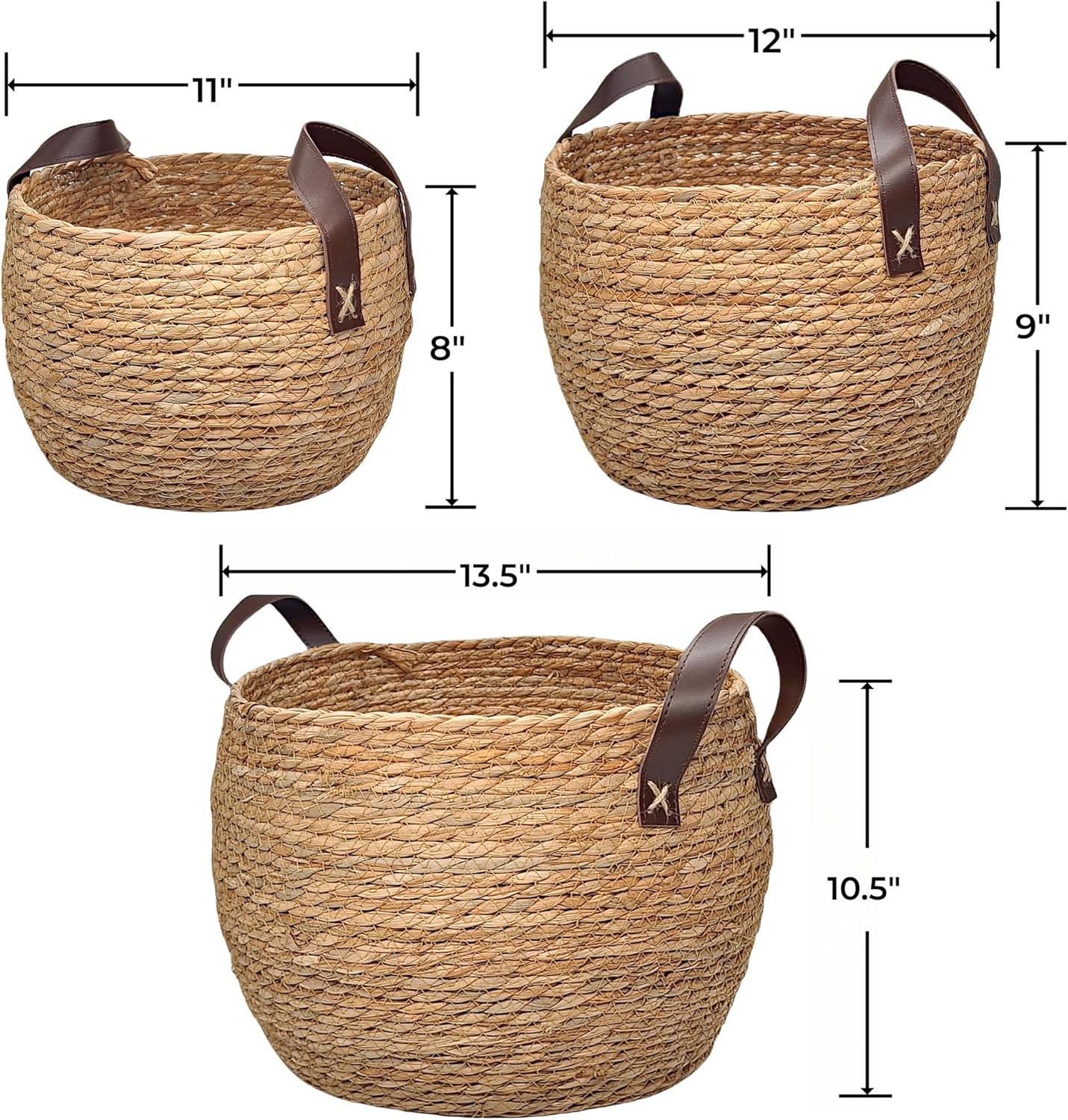 GIB Round Wicker Woven Seagrass Storage Baskets with Leather Handles Set of 3, Natural Decorative Braided Rope Wicker Baskets Bins for Shelves Blankets Organizing, 13", 12" & 11"