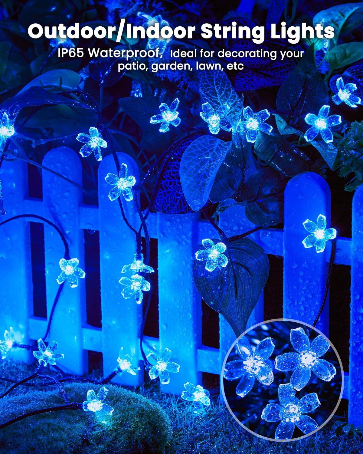 Brightown 60 LED Solar Flower String Lights for Outside Waterproof Fairy Lights for Garden Yard Fence Patio Christmas Tree Wedding Party Decor, Blue