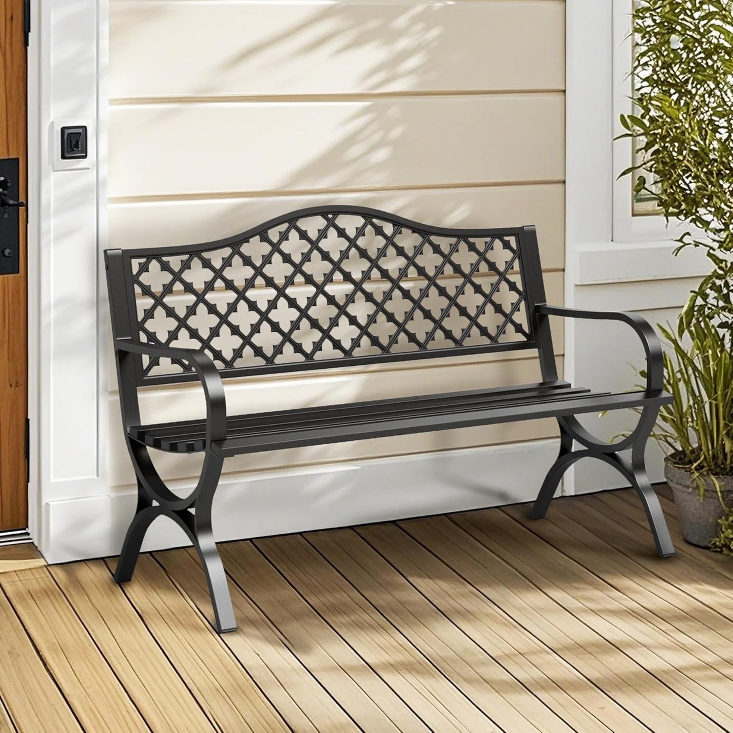Sophia & William Outdoor Bench, 50 inches Metal Garden Bench, Cast Iron Park Benches for Outside with Floral Backrest and R-Shaped Legs for Porch Yard Lawn Deck, Black