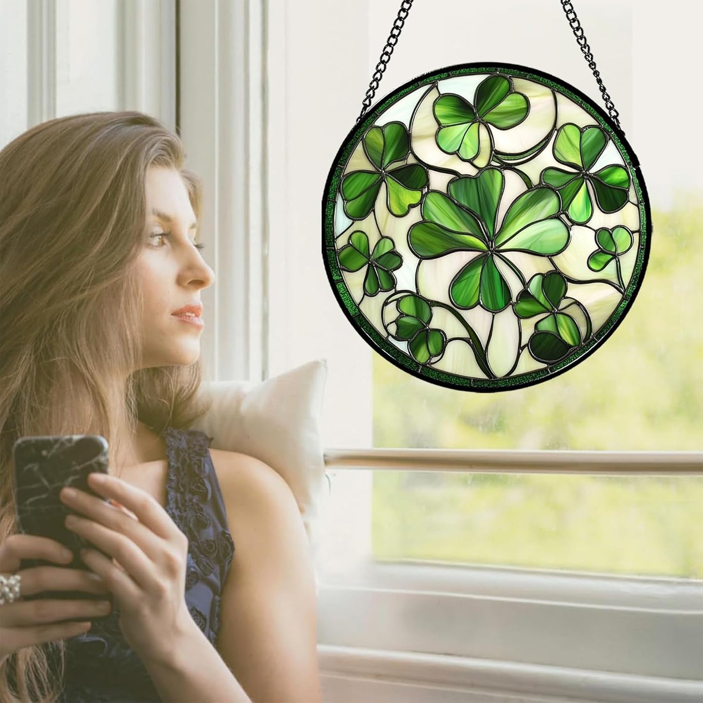 Stained Glass Window Hanging - Green Clover Flowers Suncatcher for Doors Garden St. Patrick's Day Plant Floral Sun Catchers Decor Mother's Day Birthday Gifts for Women Men Mom Nana 6.3 in