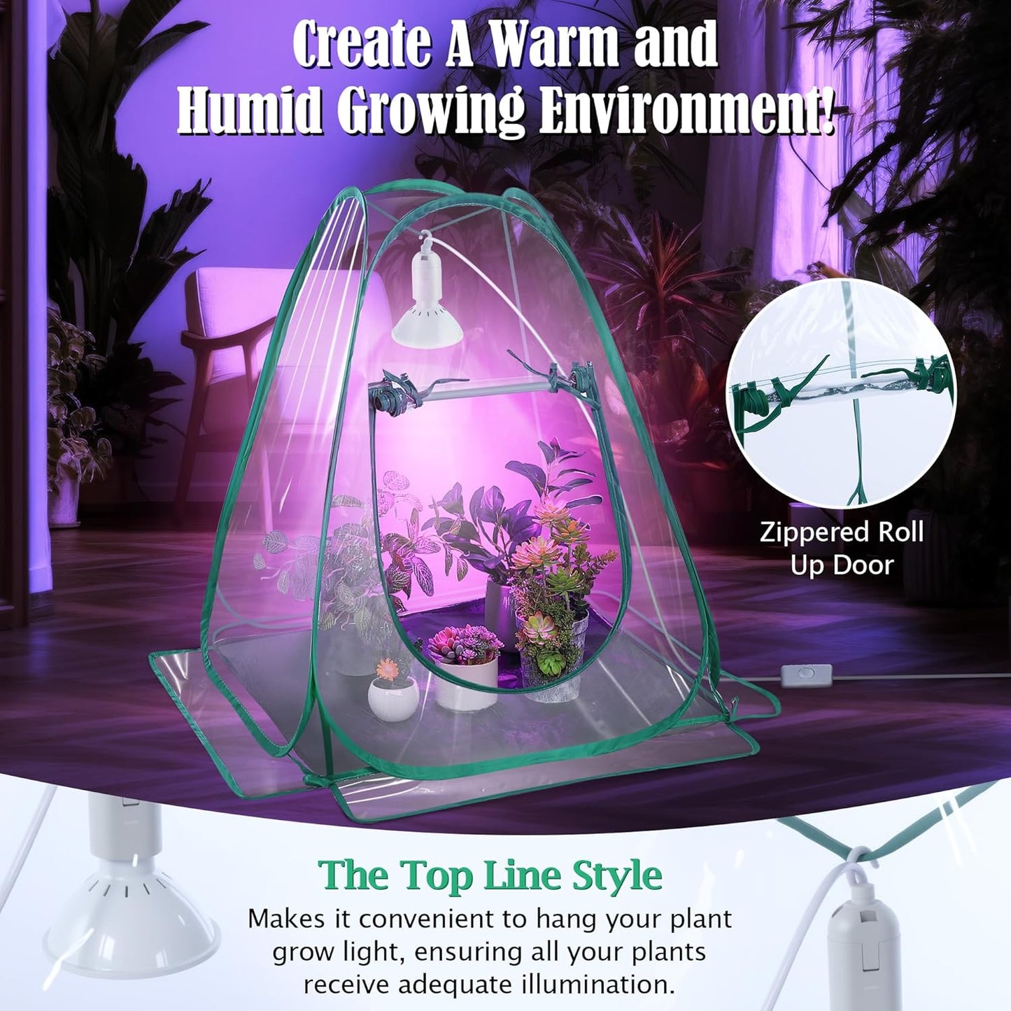 Meonum Mini Greenhouse with 10W 200 LED Grow Light Bulbs for Indoor, 27 x 27 x 30 Pop Up Small Greenhouse Cover with Bottom Waterproof Bottom Mat for Indoor Outdoor Plants Seed Starting