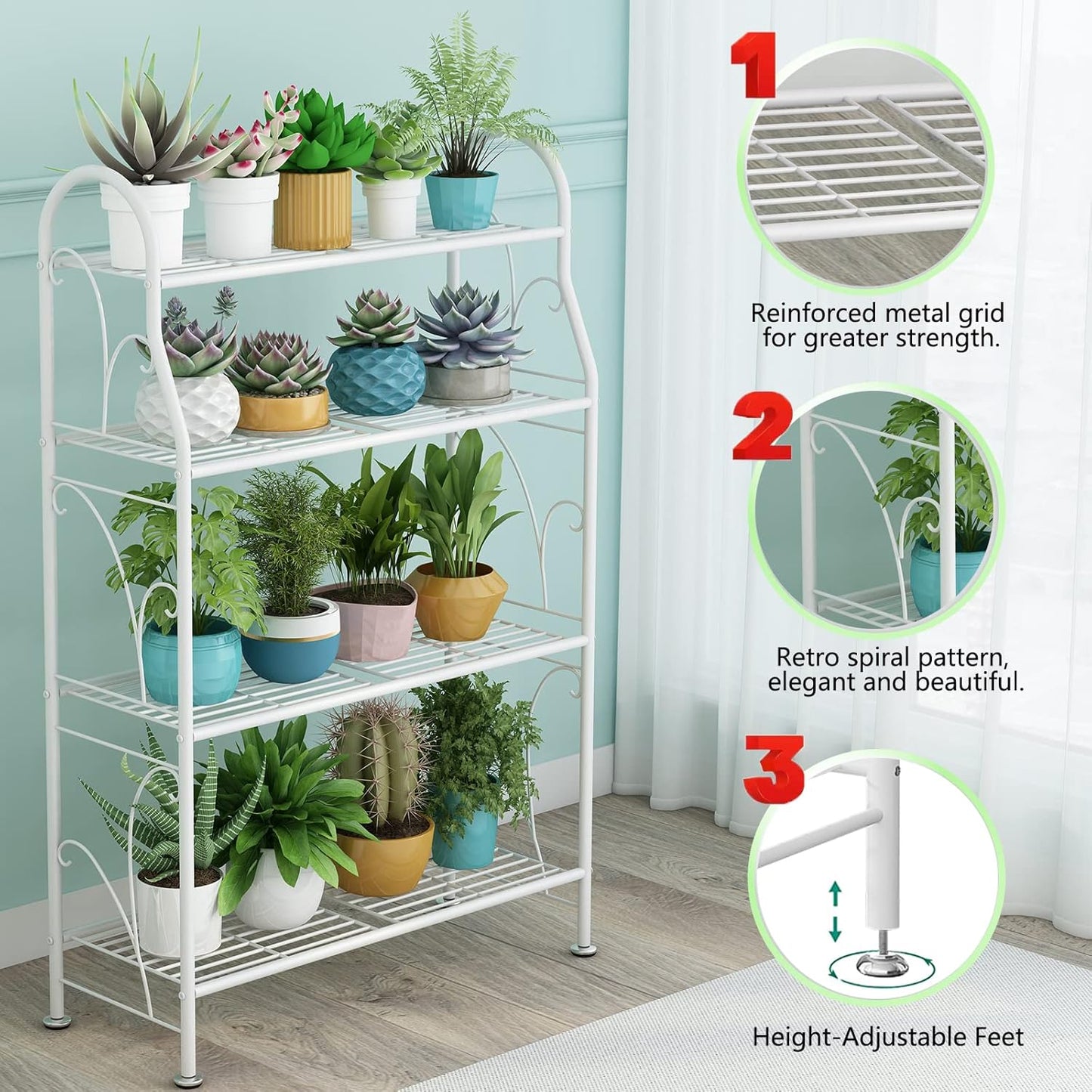 SORCEDAS Plant Stand Indoor Outdoor Plant Shelf 4 Tier Metal Corner Flower Stand Multiple Holder for Patio Garden Balcony Living Room, White