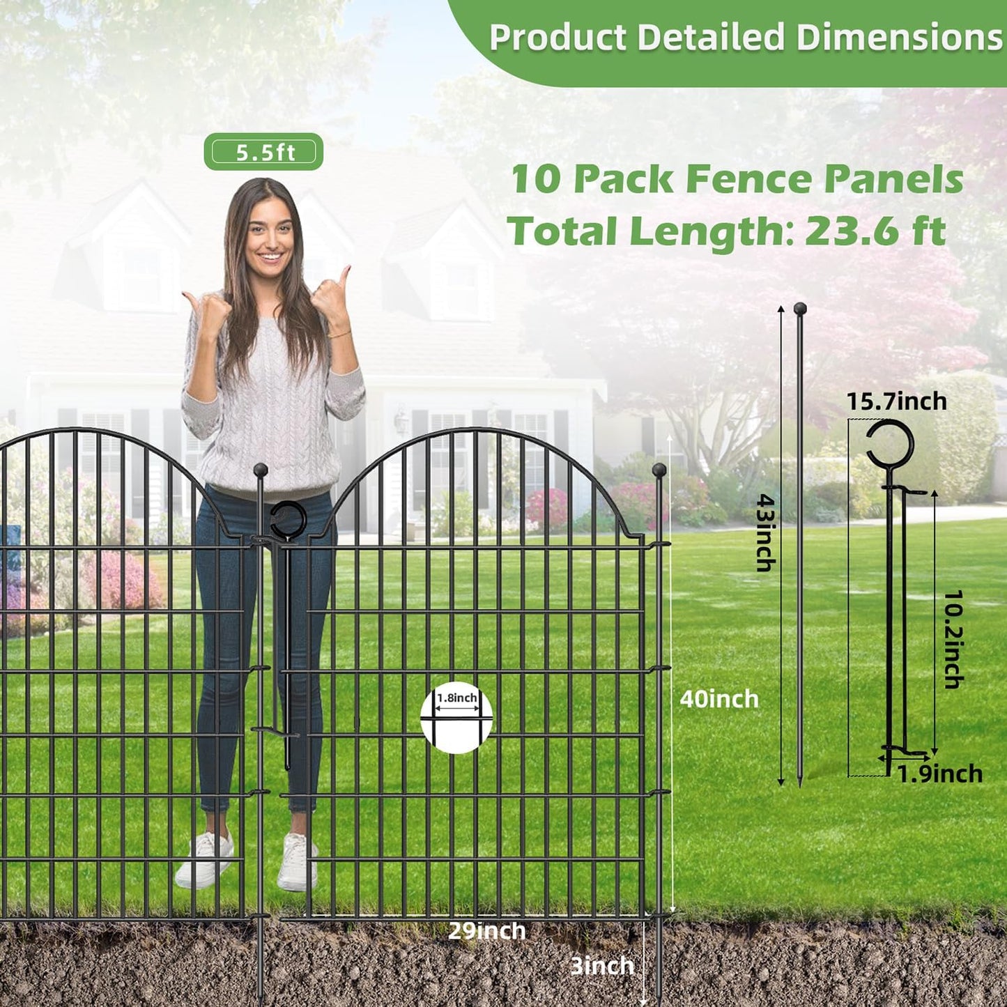 Decorative Metal Garden Fence with Gate Lock 10 Panels, 40in (H) x 23.6ft (L) No Dig Dog Fence Outdoor for Yard, Temporary Rustproof Metal Wire Rabbit Dog Garden Border Fencing for Patio