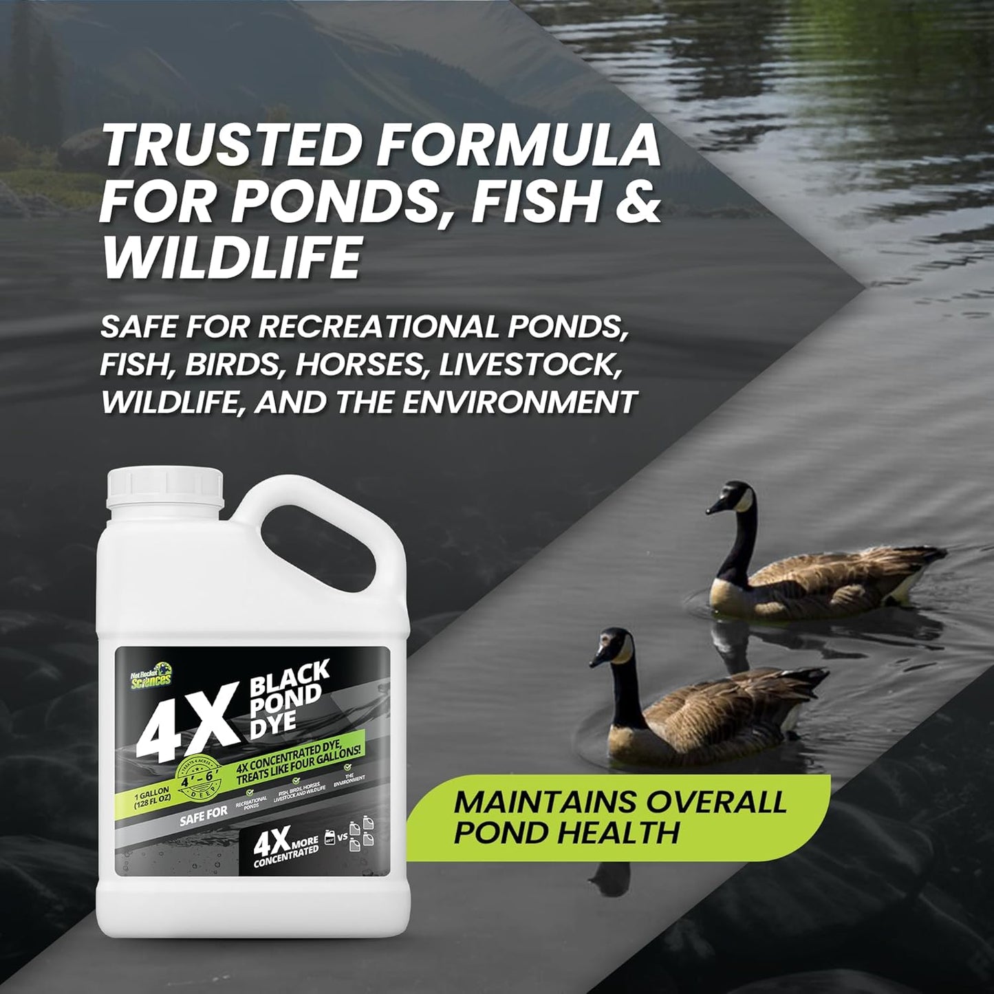 1 Gallon Reflective Black Pond Dye, 4X Concentrate Pond Dye Black, Natural Looking and Long Lasting Liquid Lake Colorant, Protects Against Sunlight - Ideal for Fish, Birds, and Wildlife