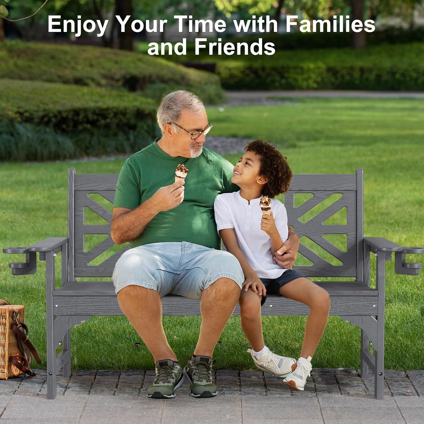 Oversized Outdoor Bench with Cup Holders, 51.5” HDPE Aesthetic Garden Bench for 2 Person, Memorial Benches - Easy Assembly & All Weather, for Porch & Patio, 800lbs Load Capacity (Grey, 1pc)