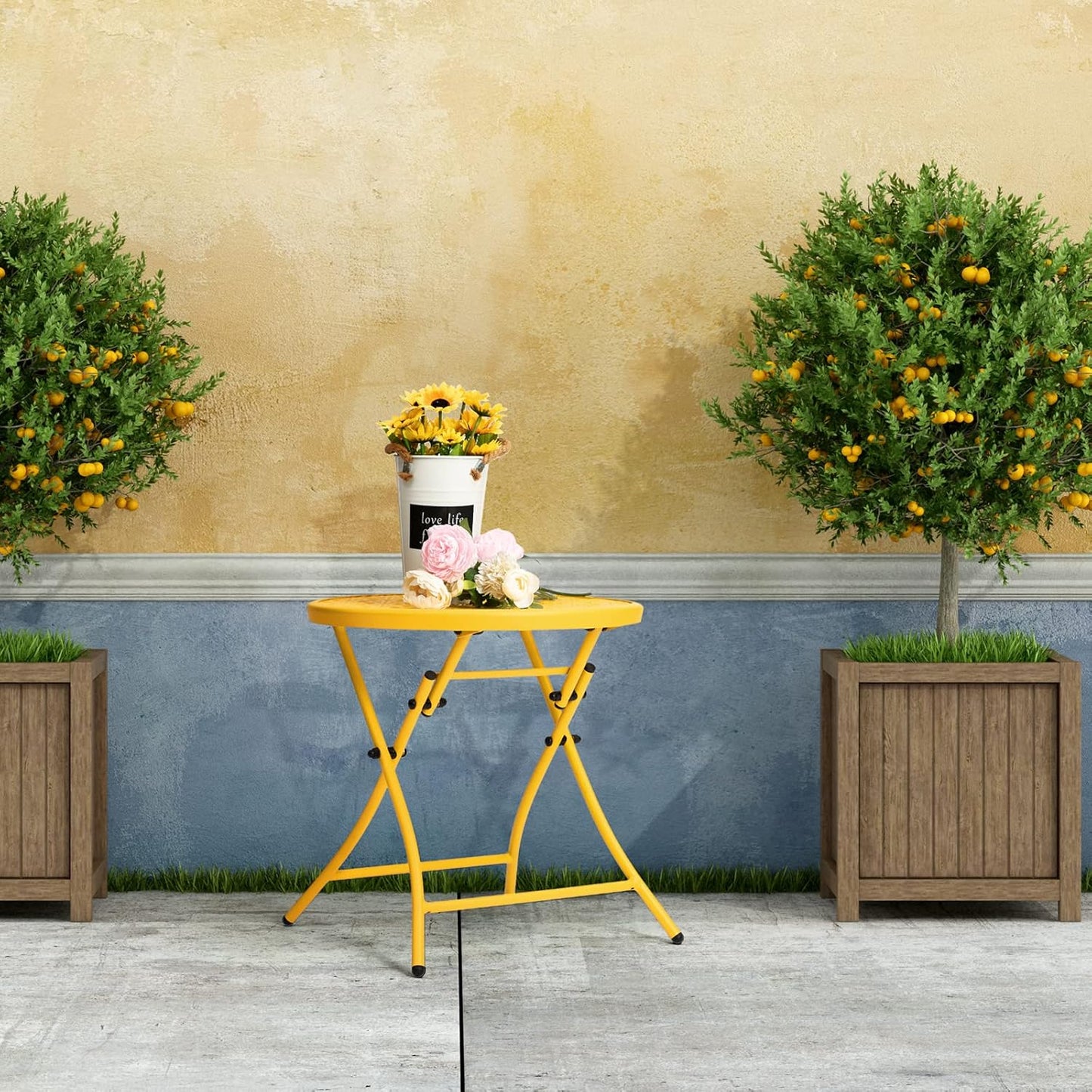 TeoKJ Folding Outdoor Side Tables, Anti Rust Small Patio Table Round Metal Nightstand with Flower Cutouts for Porch Yard Balcony Deck Lawn, Yellow