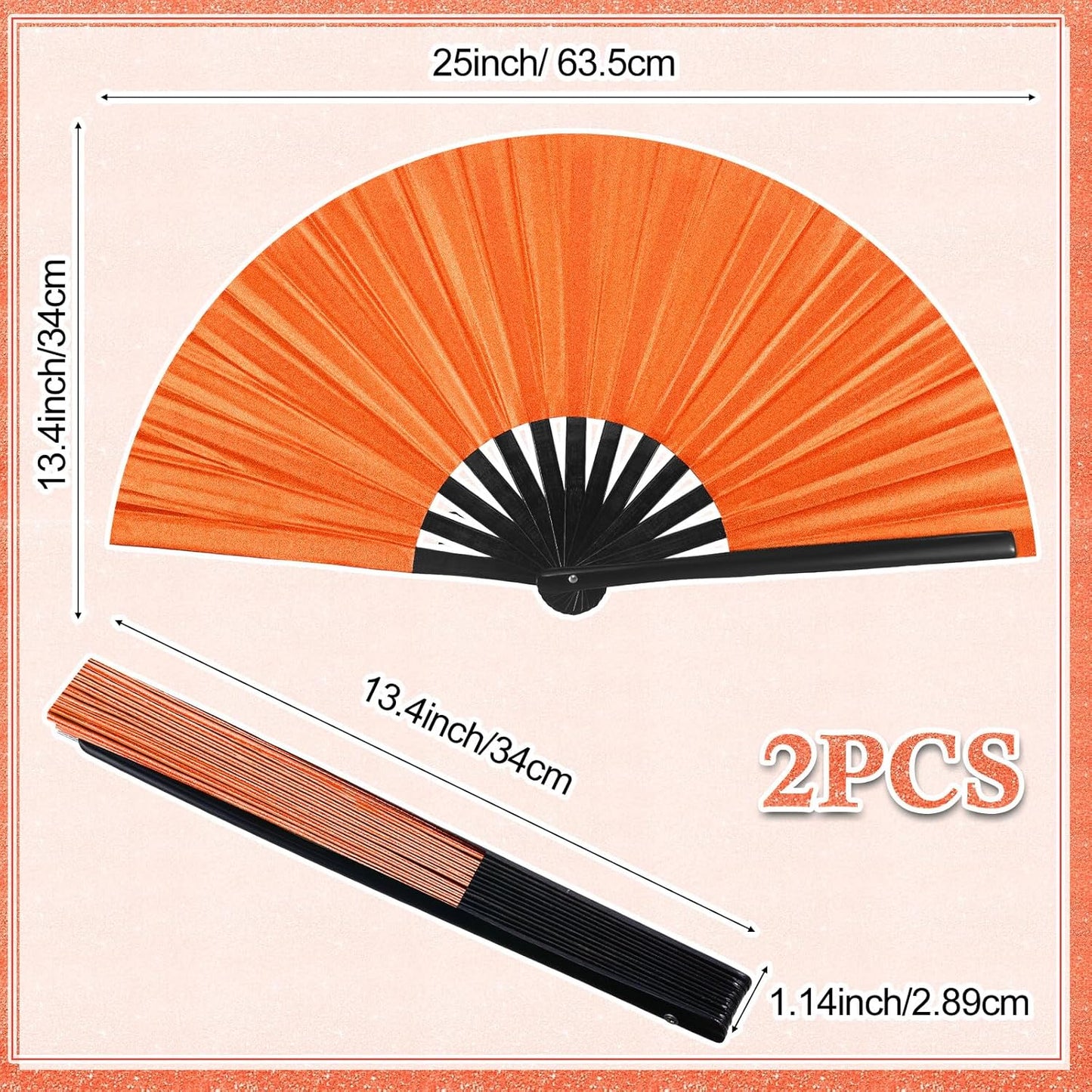 Maitys 2 Packs Large Clap Fans for Line Dancing Large Chinese Folding Hand Fans for Men and Women, Festival, Tai Ji, Kungfu, Martial Art, Gifts (Glitter Orange)