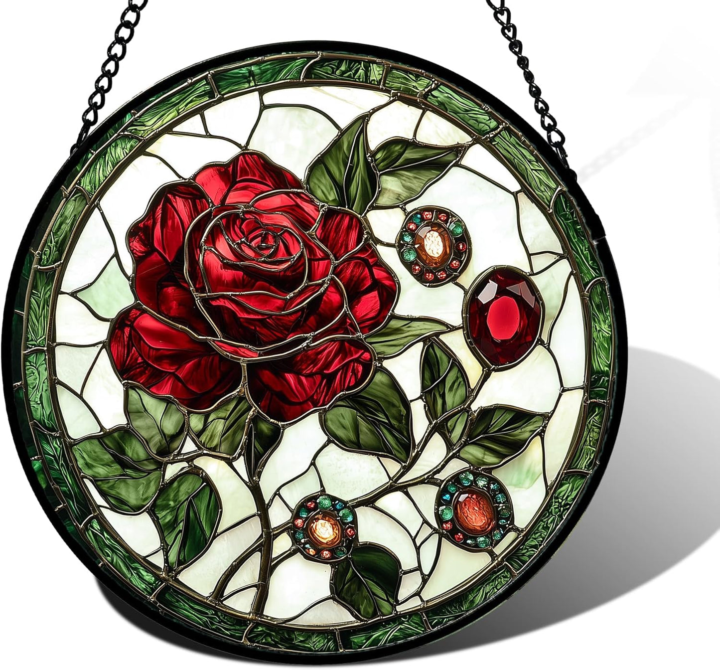 Stained Glass Window Hanging, Red Rose Gemstone Green Sun Catchers Diamond Glass Panel Hangings Suncatcher Decor for Birthday for Women, Men, Wife, Aunt, and Mom 6.3 in