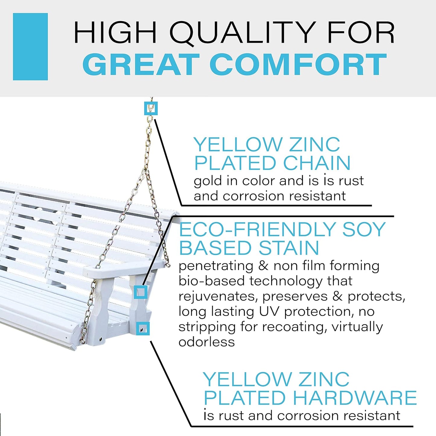 Porchgate Amish Heavy Duty Console Porch Swing with Fold Down Cup Holders in Semi Solid White Stain - Amish Made in The USA from Treated Pine, Hanging Chains Included