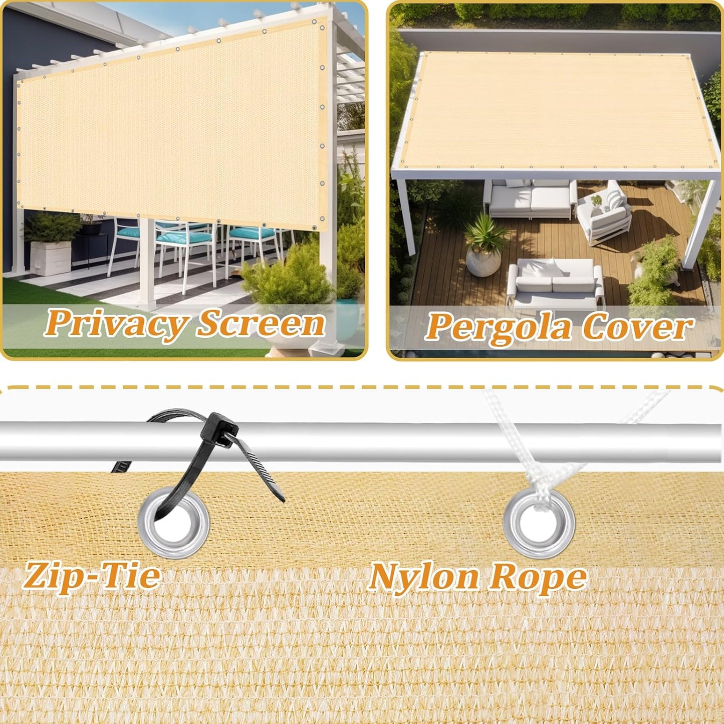 Shade&Beyond Customized Size 90% Sun Shade Cloth with Grommets, 15' X 24' Pergola Shade Cover Canopy, Mesh Tarp Sun Screens for Patio, Outdoor, Garden, Backyard GN01, Wheat