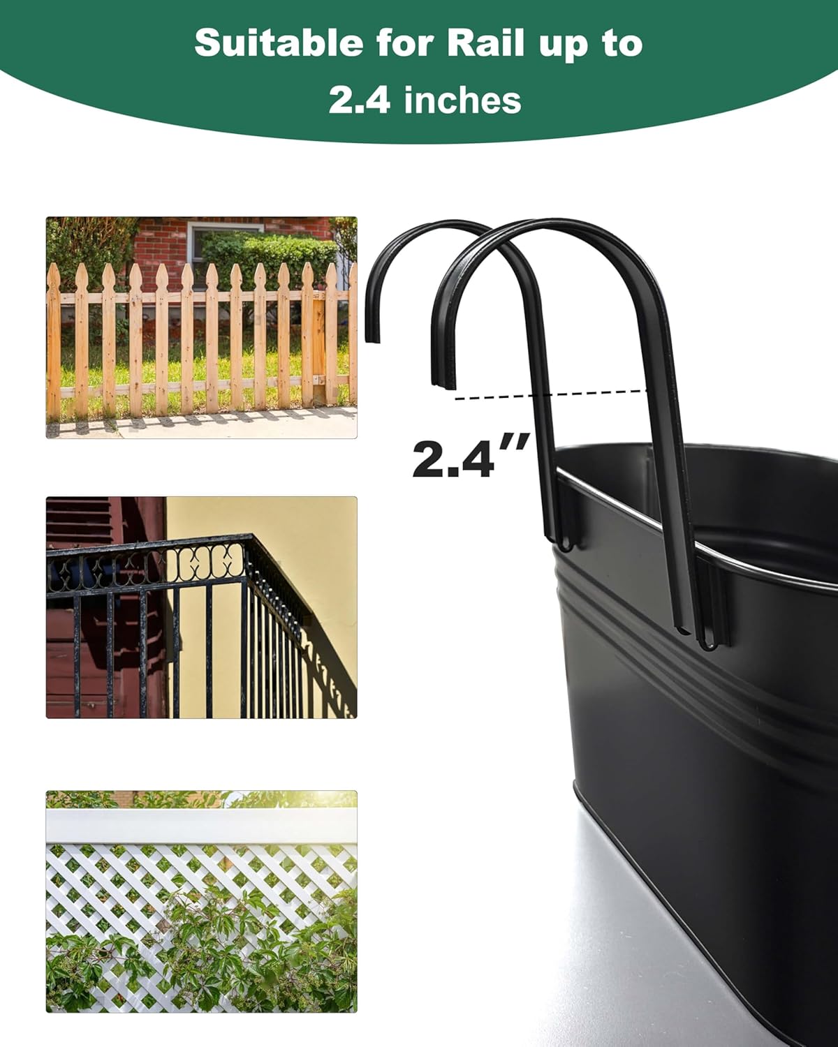 vensovo 16 Inch Railing Planter for Outdoor Plants - 5 Pack Large Metal Balcony Hanging Planters with Detachable Hooks and Drain Holes Oval Box Rail Pots for Home Garden Fence, Black