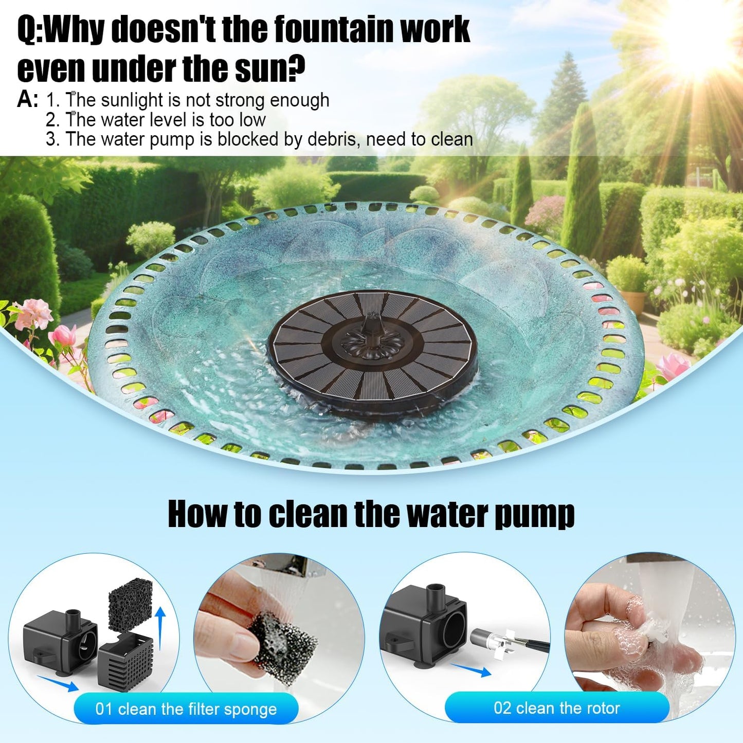 SZMP Solar Fountain Work On Cloudy Day,Solar Water Bird Bath Fountain with Faster Conversion Glass Solar Panel and Power Indicator Light,Built-in 2000mAh Battery