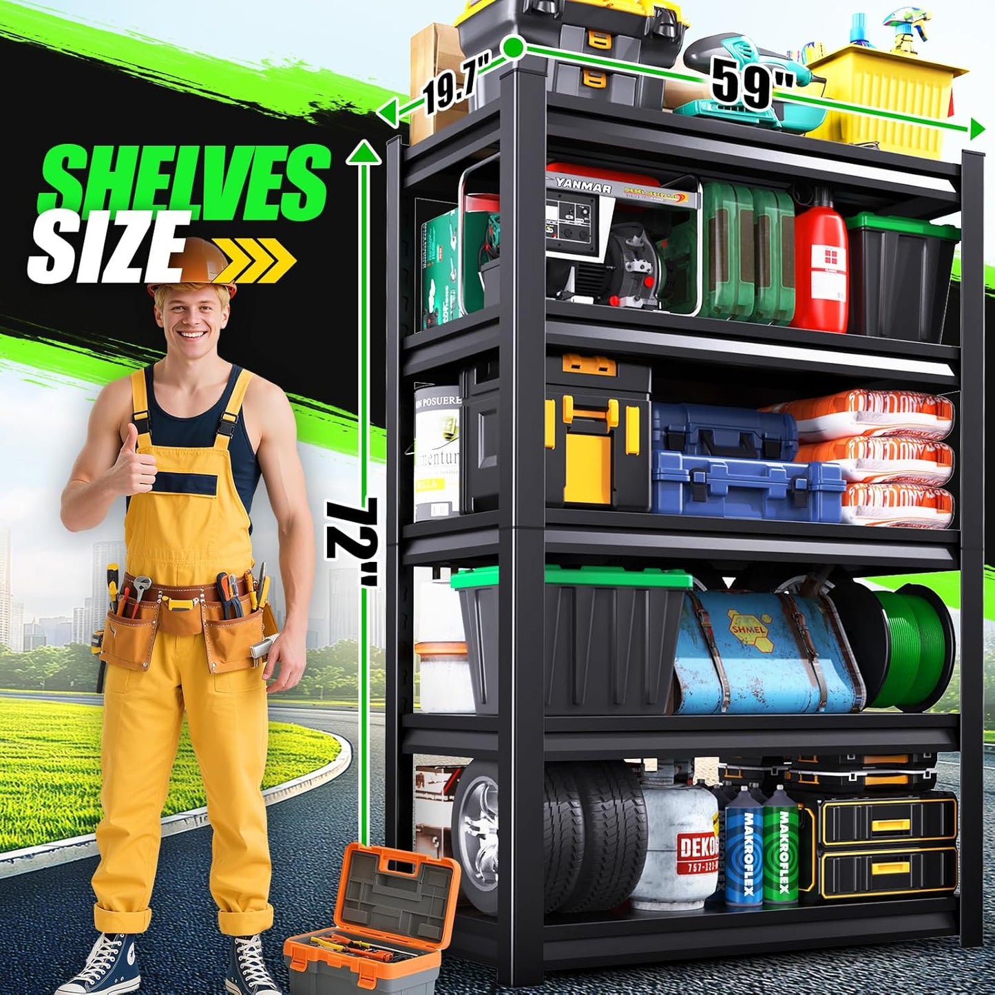 59''W Storage Shelves,5 Tier Garage Shelving 3500LBS Heavy Duty,Metal Shelves Adjustable Industrial Shelving Units,Rustproof Shelf Rack for Garage 72''H*59''W*19.7''D，2 Pack