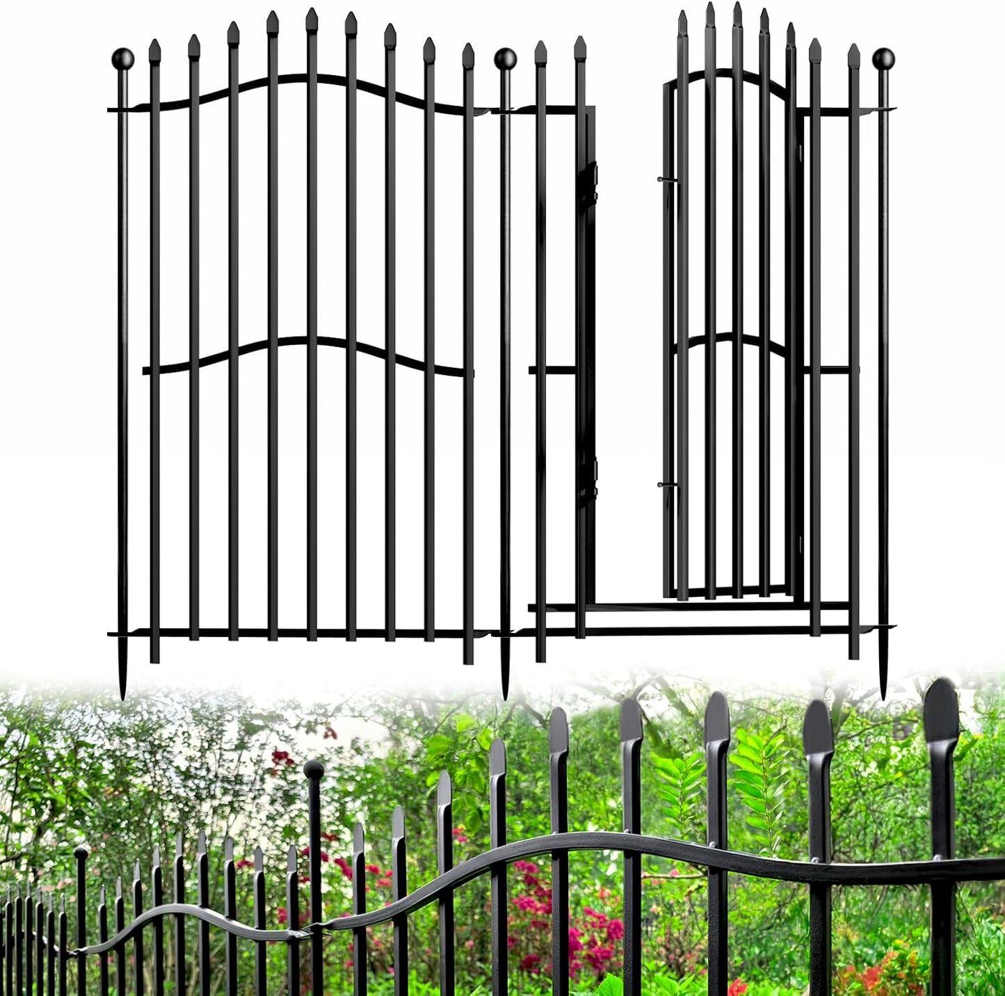 8 Panels No Dig Decorative Garden Fence with Gate - 40in H x 18ft L, Tall Heavy-Duty Square Tube Animal Barrier, Rustproof Dog Fence for Outdoor Yard & Patio Protection
