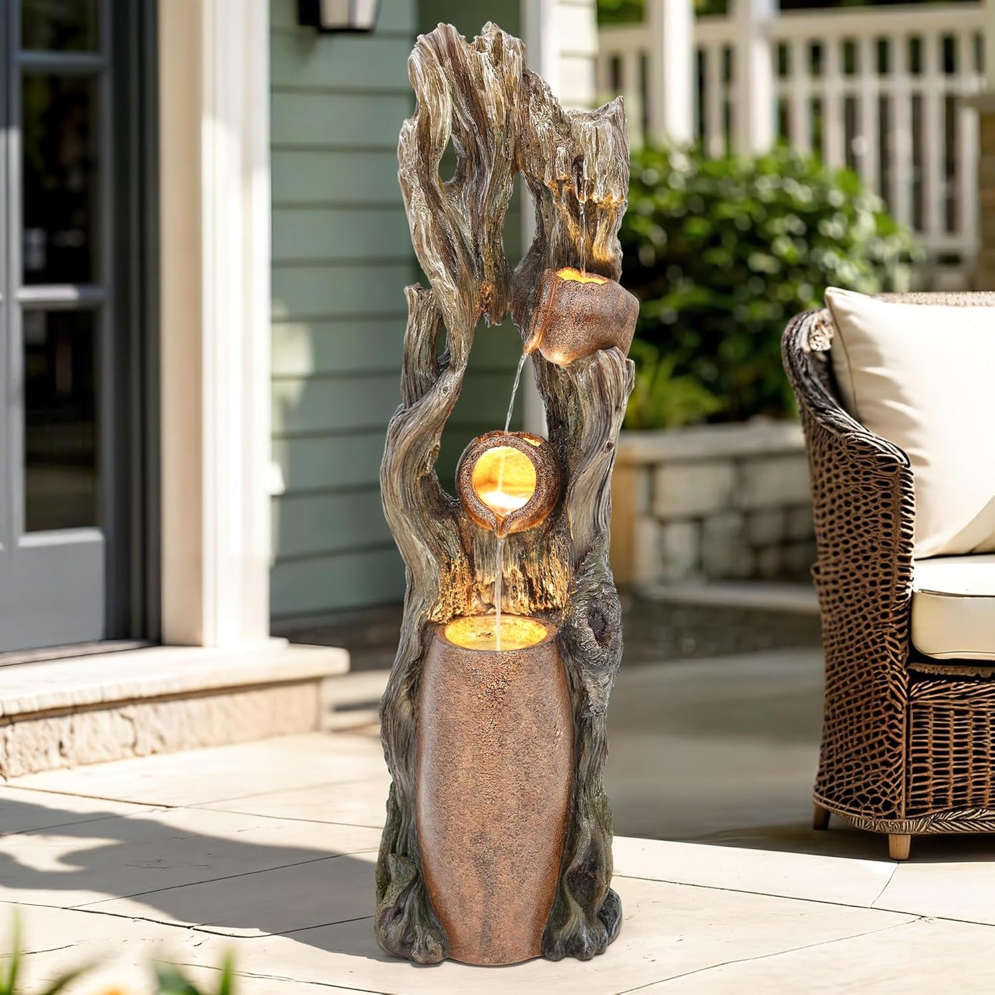 42.7in Tall Outdoor Water Fountain with LED Lights, 3-Tier Rainforest Waterfall Tree Trunk and Jar Garden Fountain, Ideal for Serene Relaxing Patio, Yard or Porch