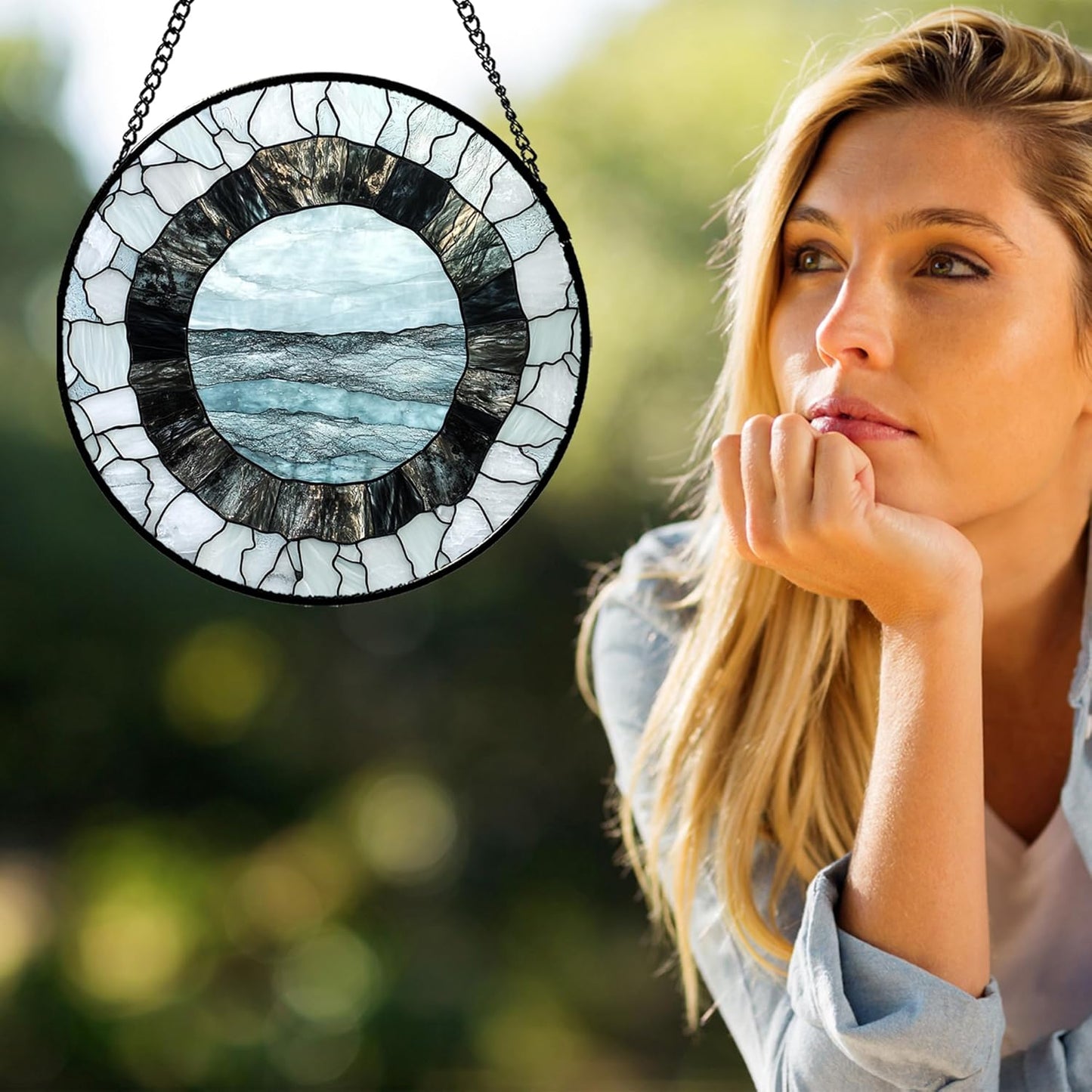 Stained Glass Window Hanging - Abstract Sea Surface Suncatcher for Doors Garden Patio Round Sun Catchers Decor Christmas Mother's Day Birthday Gifts for Women Men Mom Nana Friend 11.8 in
